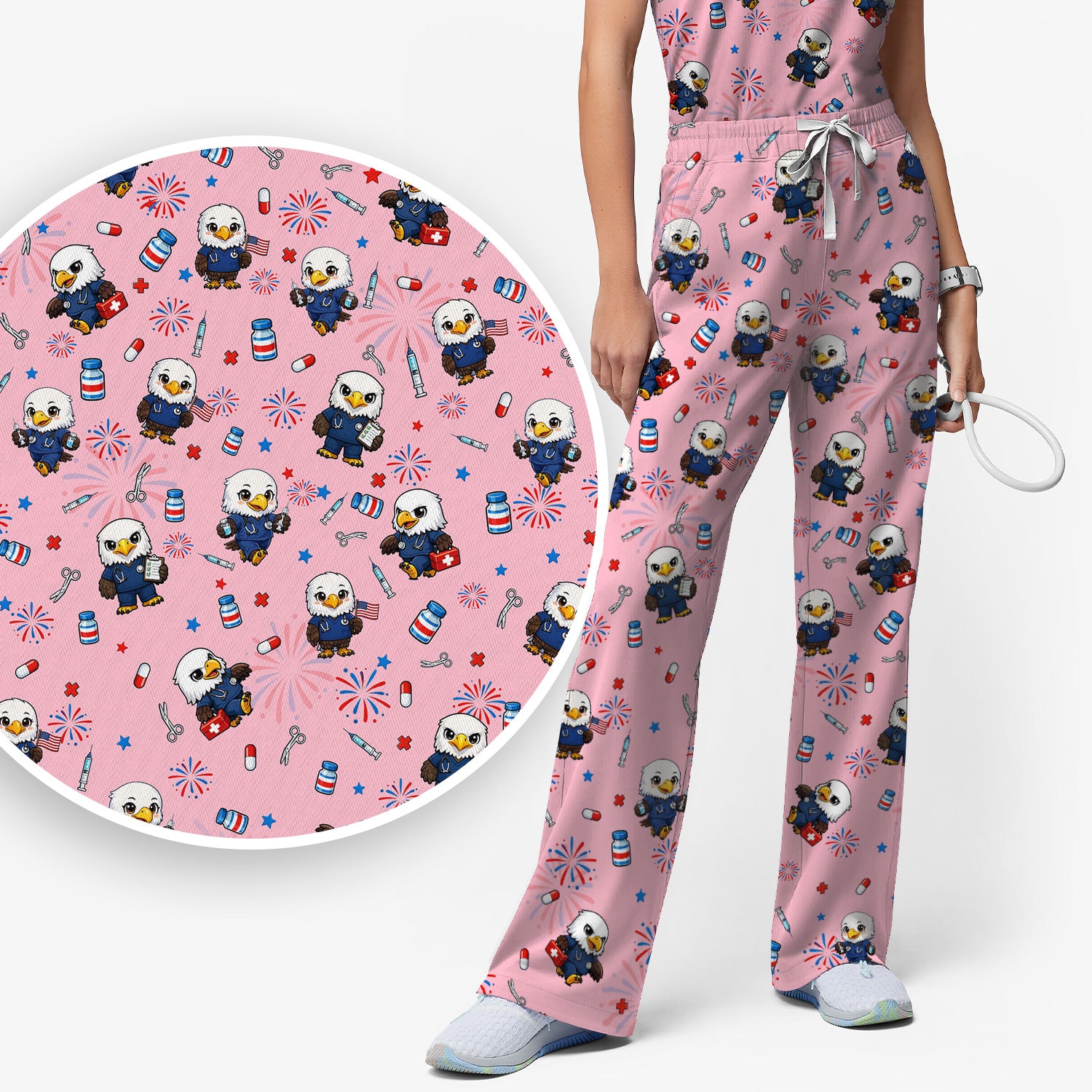 Patriotic Nurse Eagle Fireworks Medical Pattern Scrub Set, Women's Scrub Sets