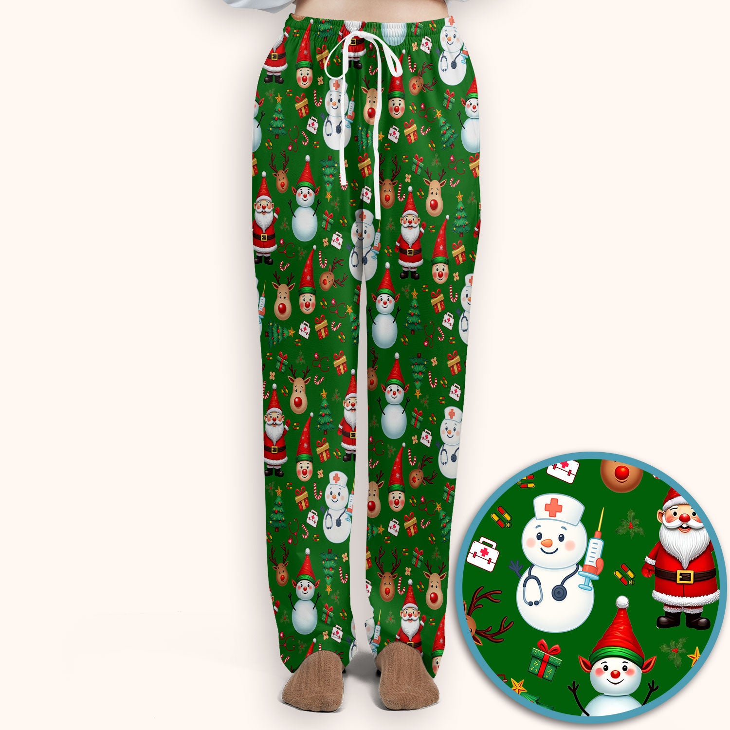 Christmas Nurse Scrub Set - Cute Snowman Santa Reindeer Pattern Medical Uniform - Festive Holiday Scrubs Pants and V Neck Top
