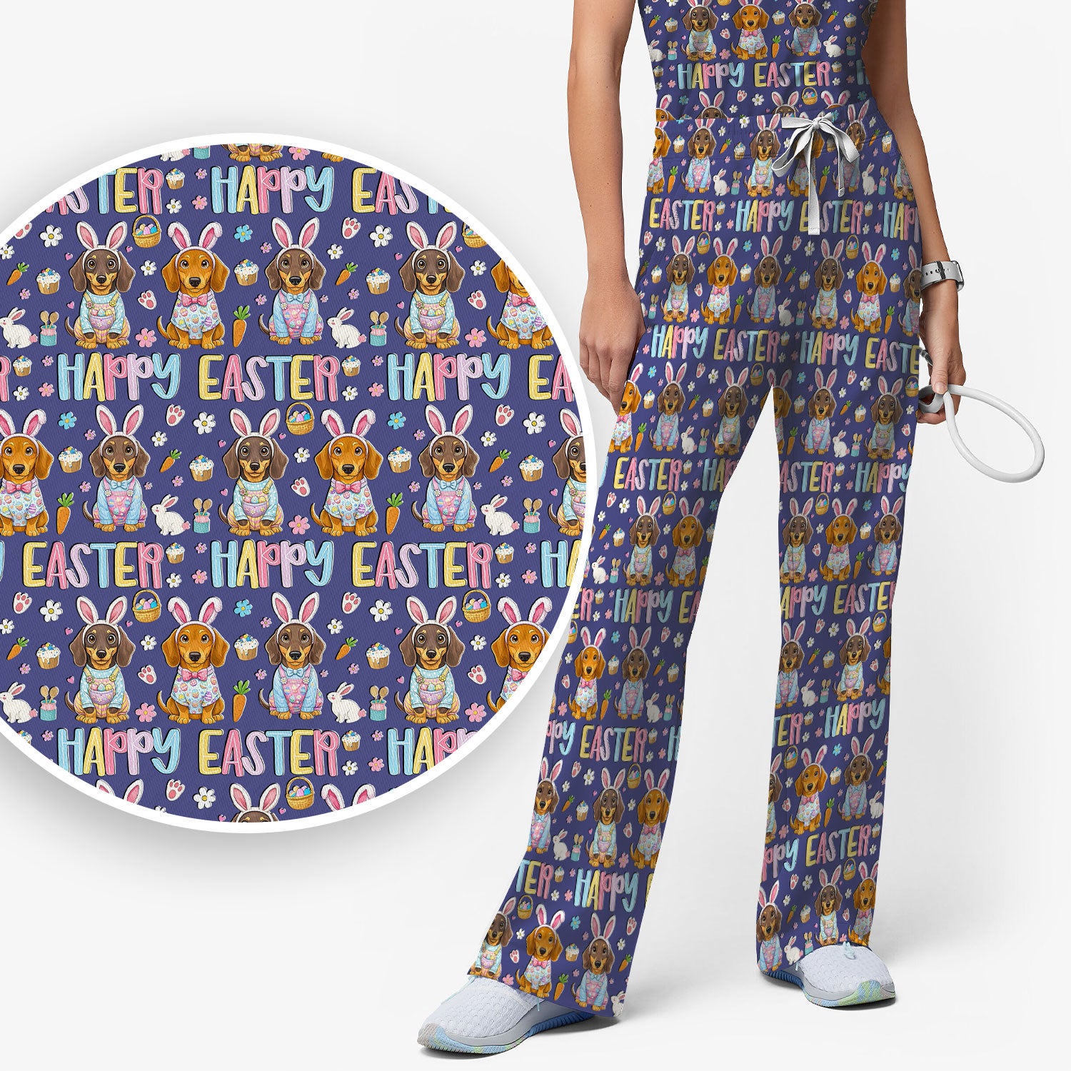 Happy Easter Dachshund Puppy Pattern Scrub Set, Breathable Med Uniform