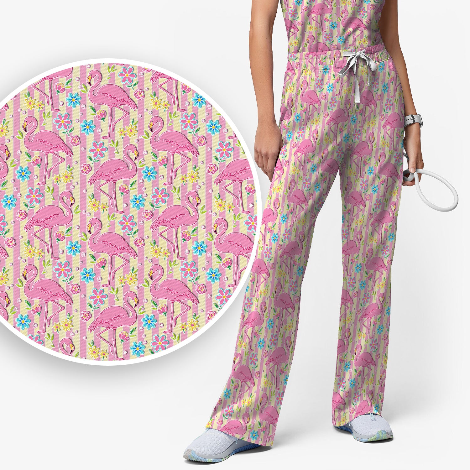 Pink Flamingo Flower Stripe Pattern Scrub Set, Scrub Pants and V Neck Top