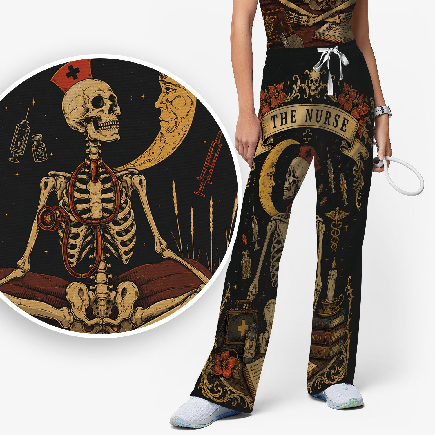 Breast Cancer Skeleton Nurse Scrub Set, Scrub Pants and V Neck Top