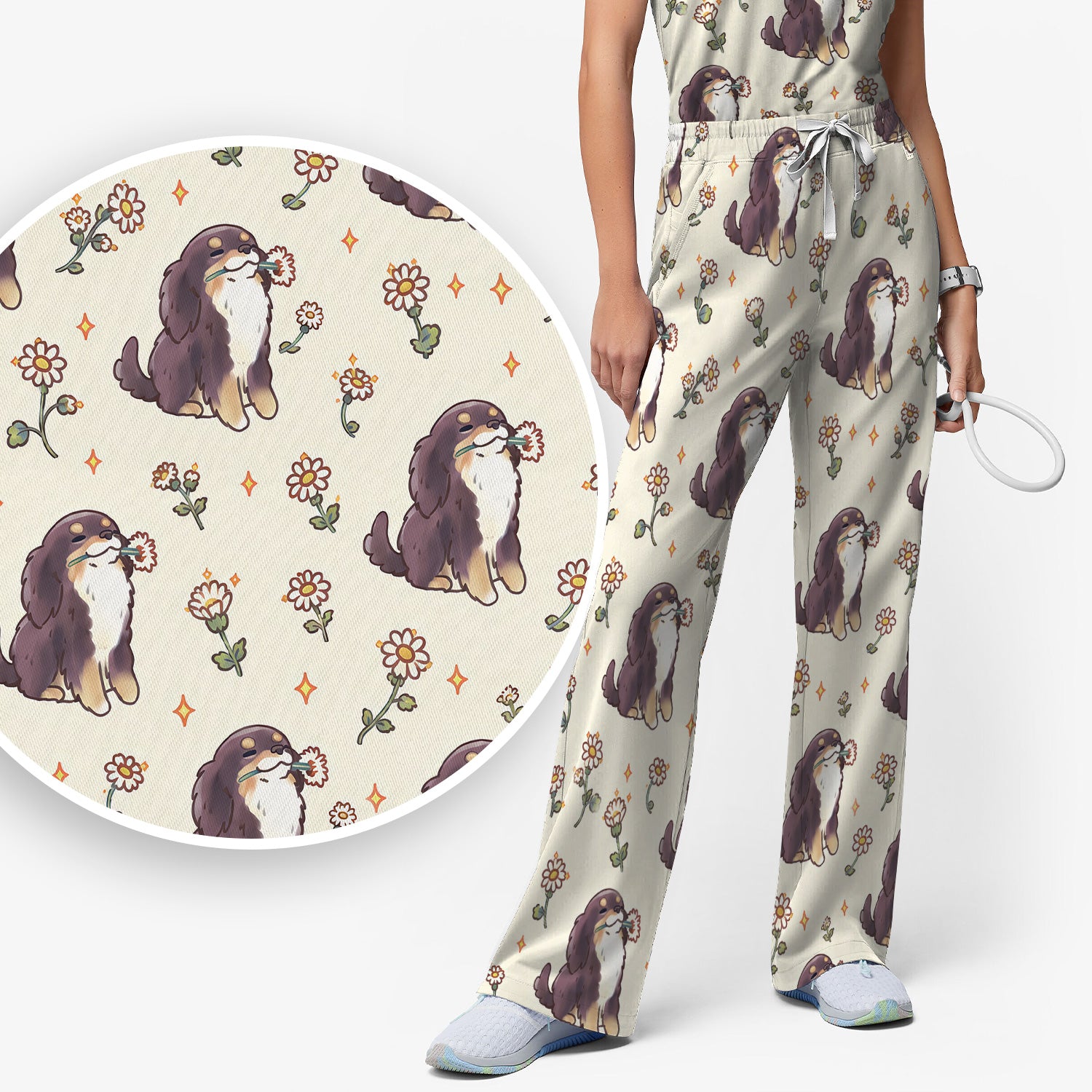 Cute Floral Otter Holding Daisy Pattern Scrub Set, Scrub Pants and V Neck Top