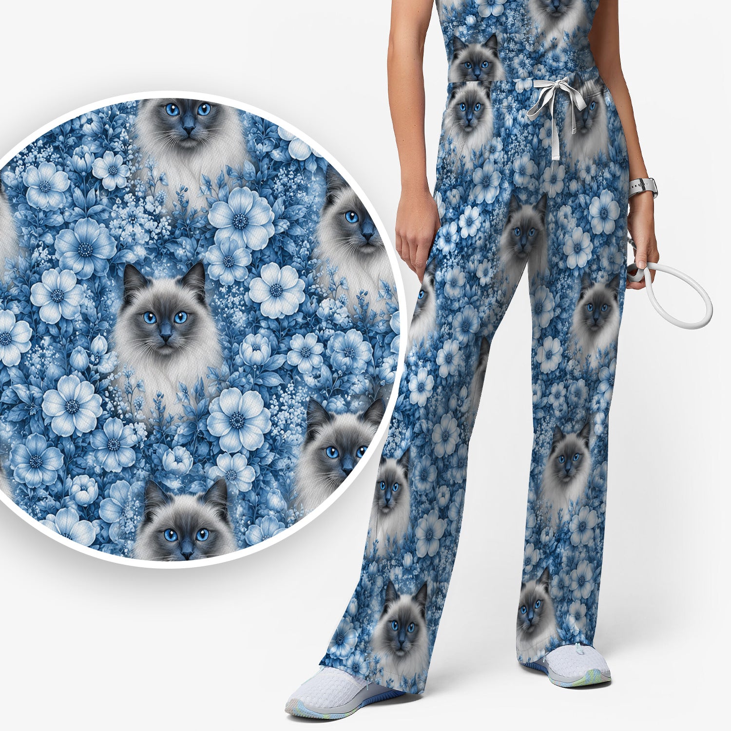 Blue Floral Ragdoll Cat Pattern Scrub Set, Scrub Pants and V Neck Top