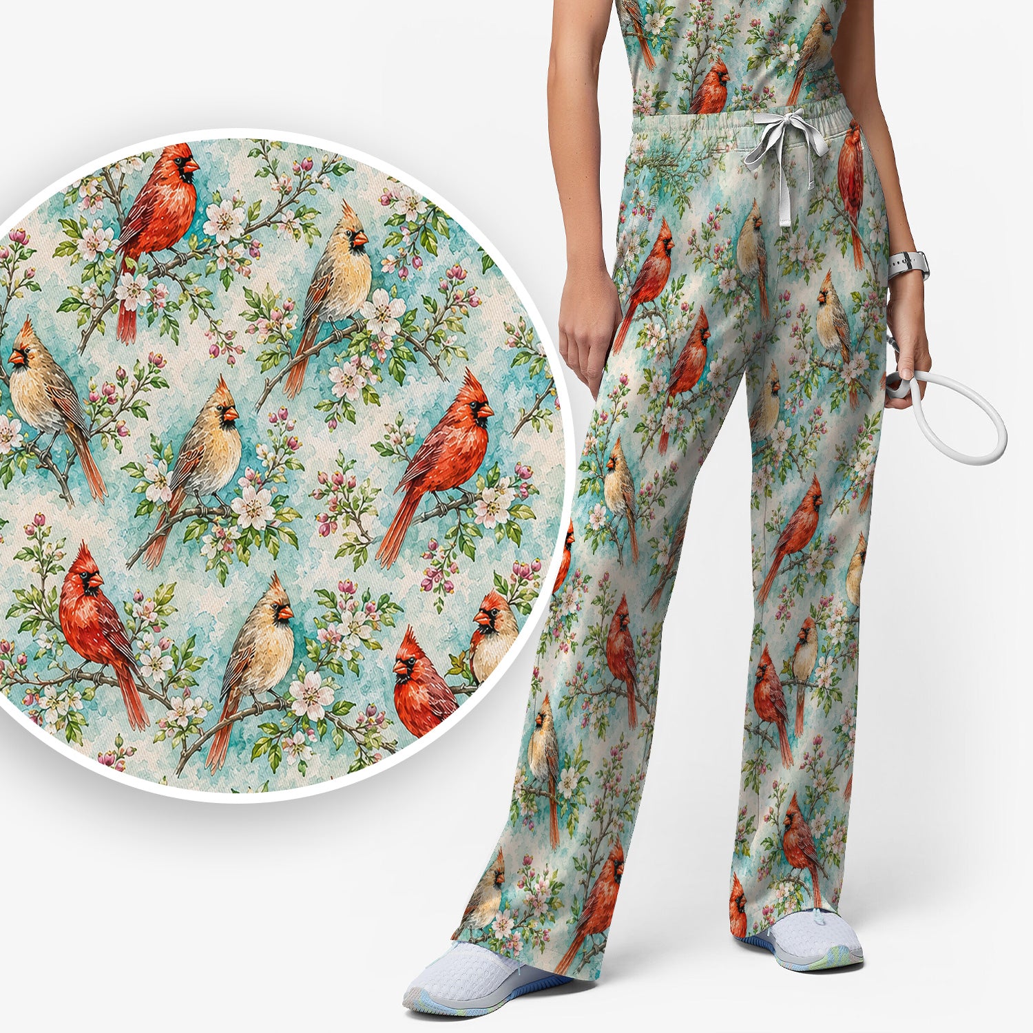 Cardinal Blossom Branch Pattern Scrub Set, Scrub Pants and V Neck Top