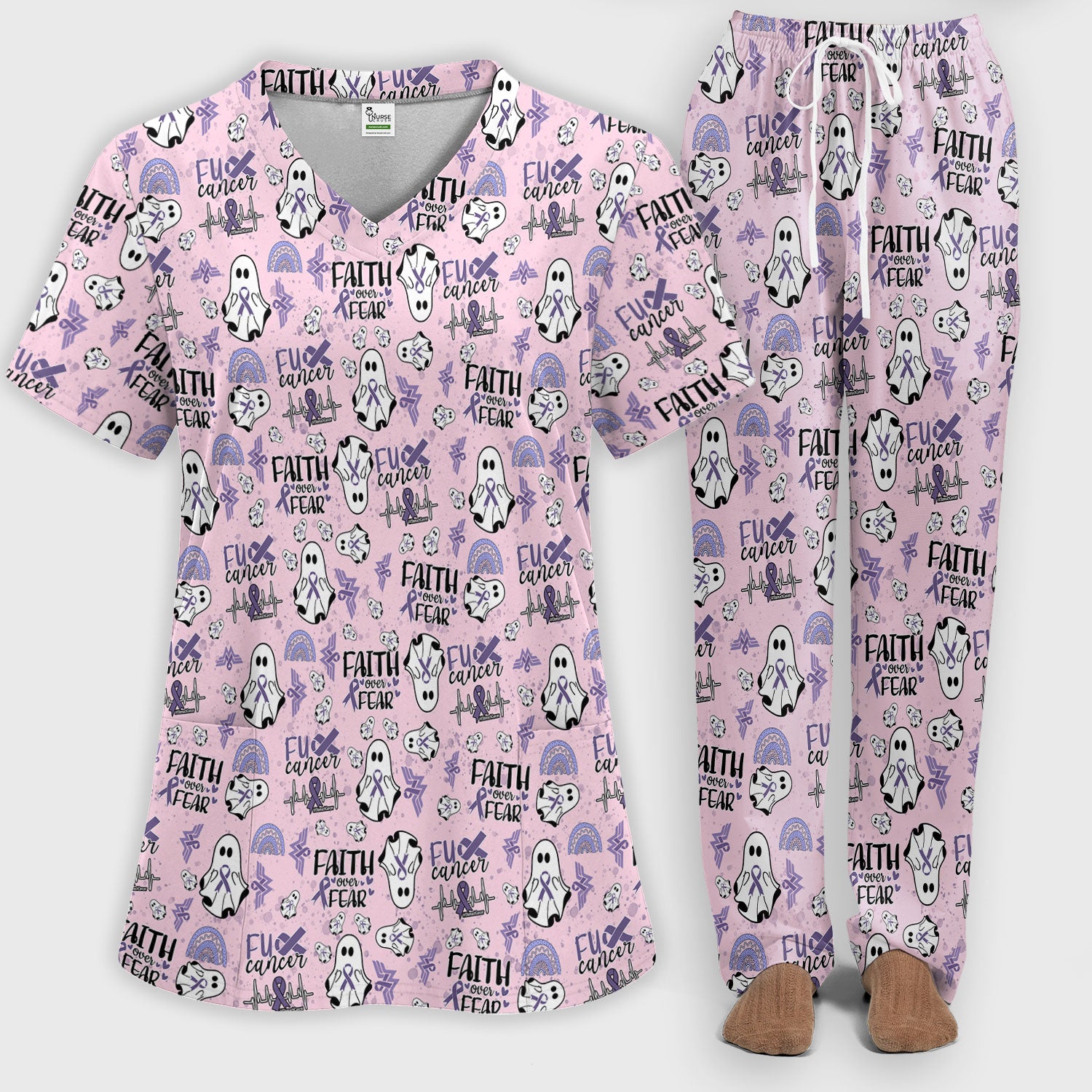 Stomach Cancer Awareness Scrub Sets - Periwinkle Blue Ribbon Survivor Scrub Pants and V Neck Top - November Warrior Gift