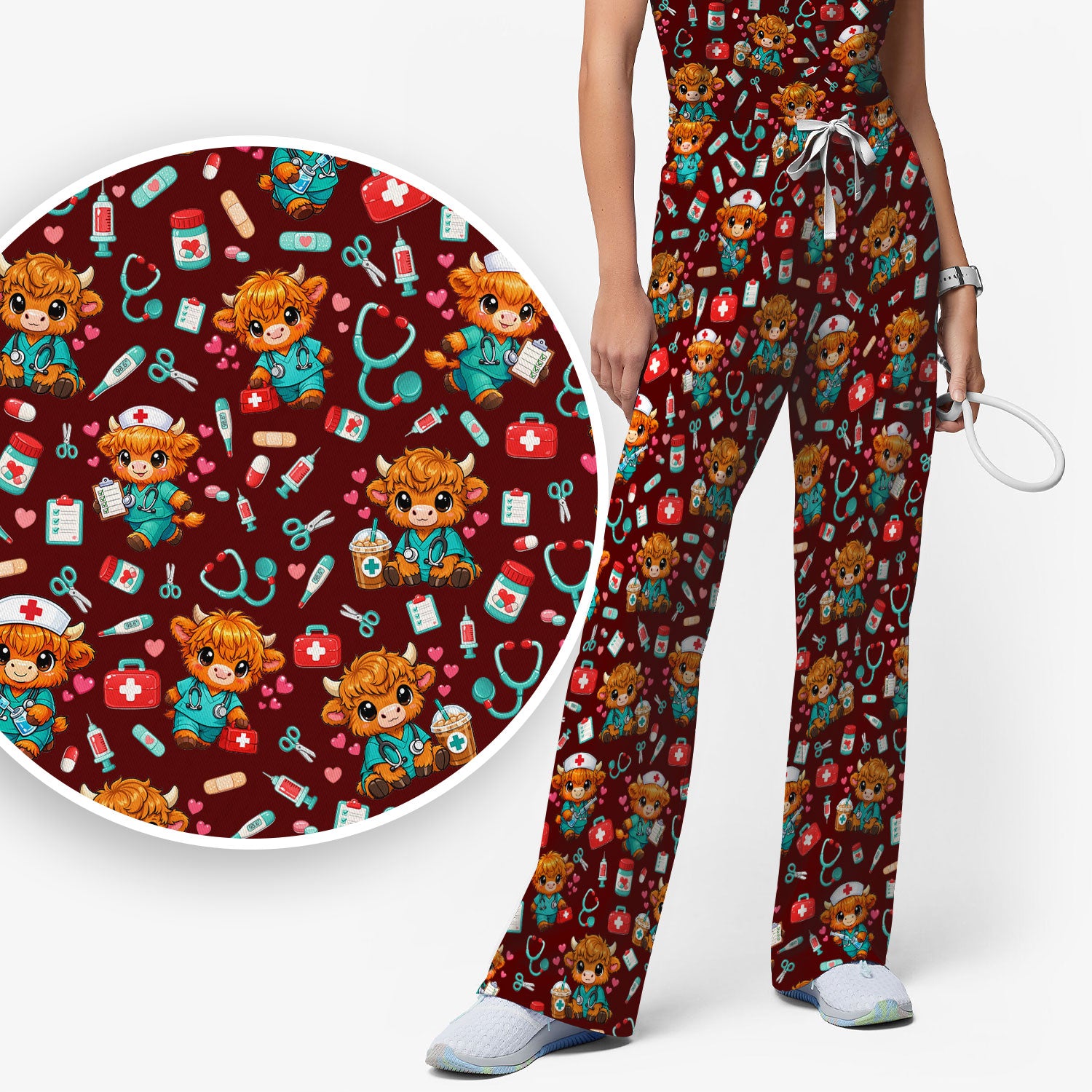Cute Highland Cow Nurse Scrub Set, Kawaii Medical Pattern Shirt, Breathable Fabrics Nursing Uniform