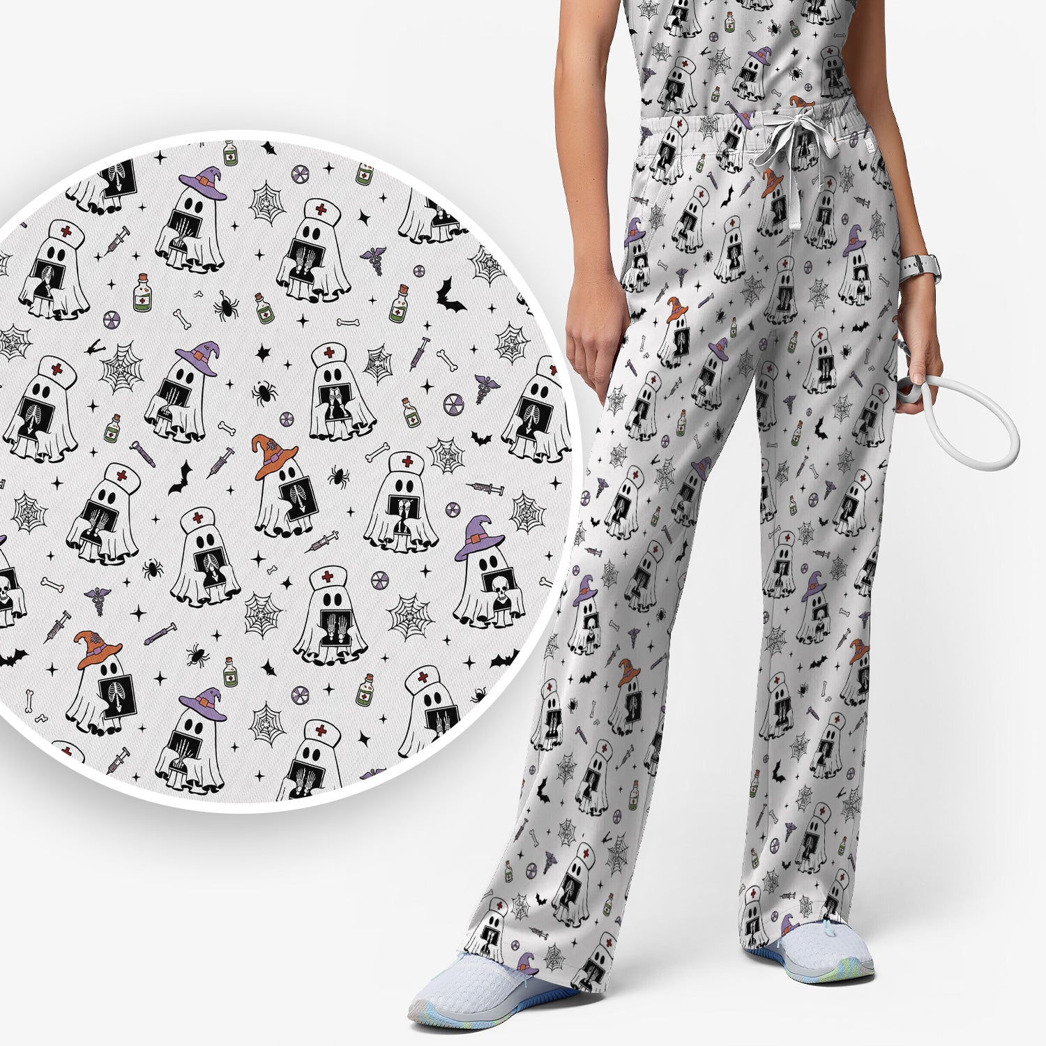 Halloween Ghost Nurses With X-Rays Scrub Set, Scrub Pants and V Neck Top