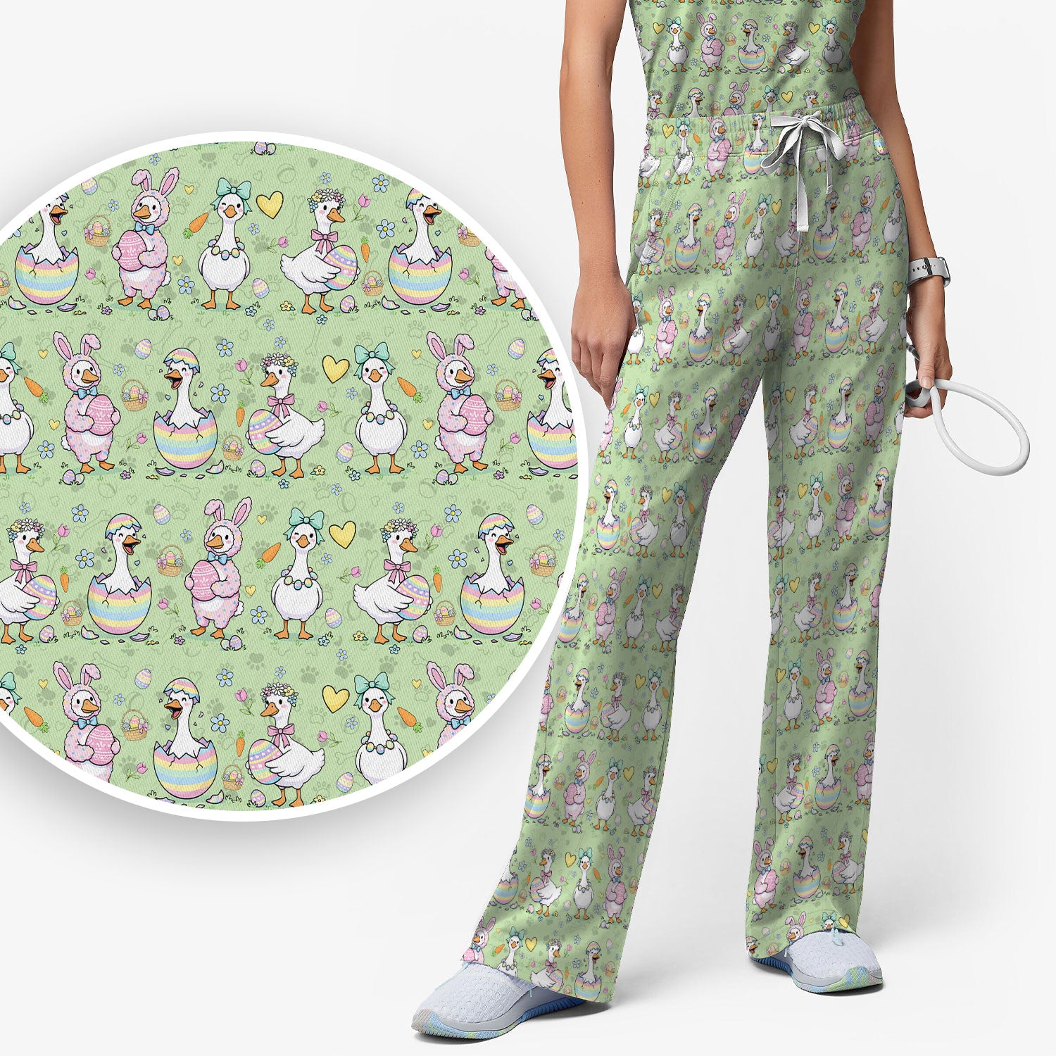 Spring Easter Goose and Bunny Print Scrub Set, Breathable Med Uniform