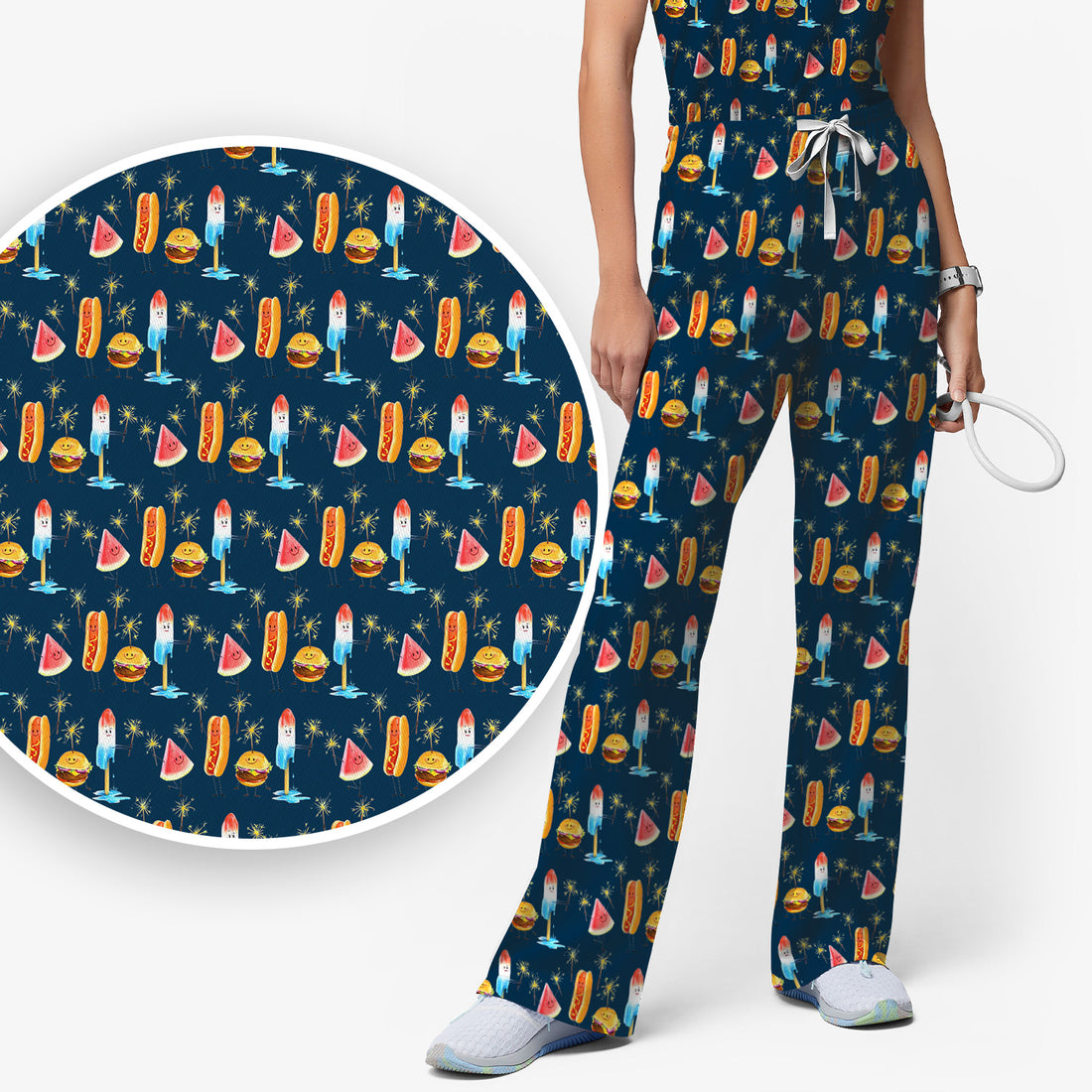 Funny Summer Food Icons Pattern Scrub Set, Breathable Fabrics Nursing Uniform