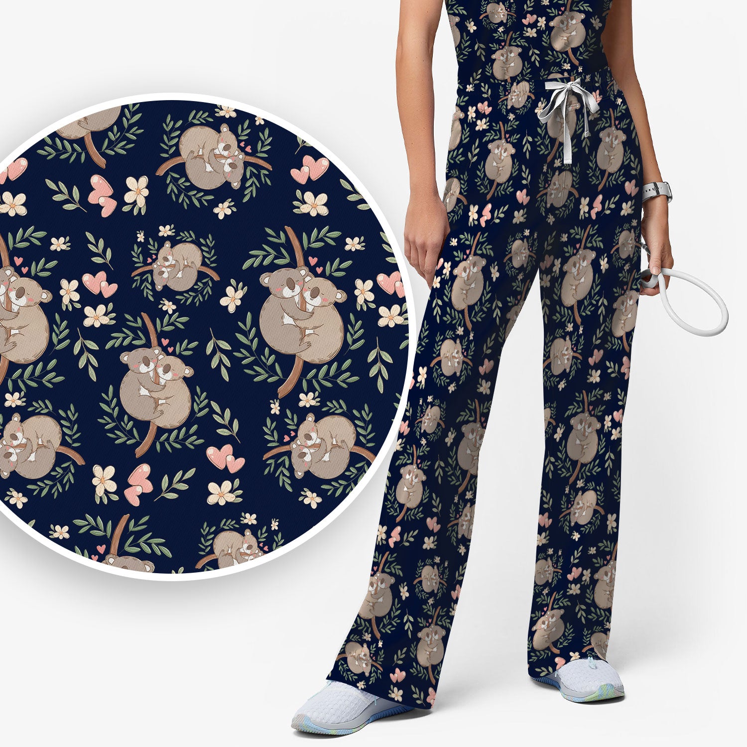 Cute Koala Couple Floral Medical Print Scrub Set, Women's Scrub Sets