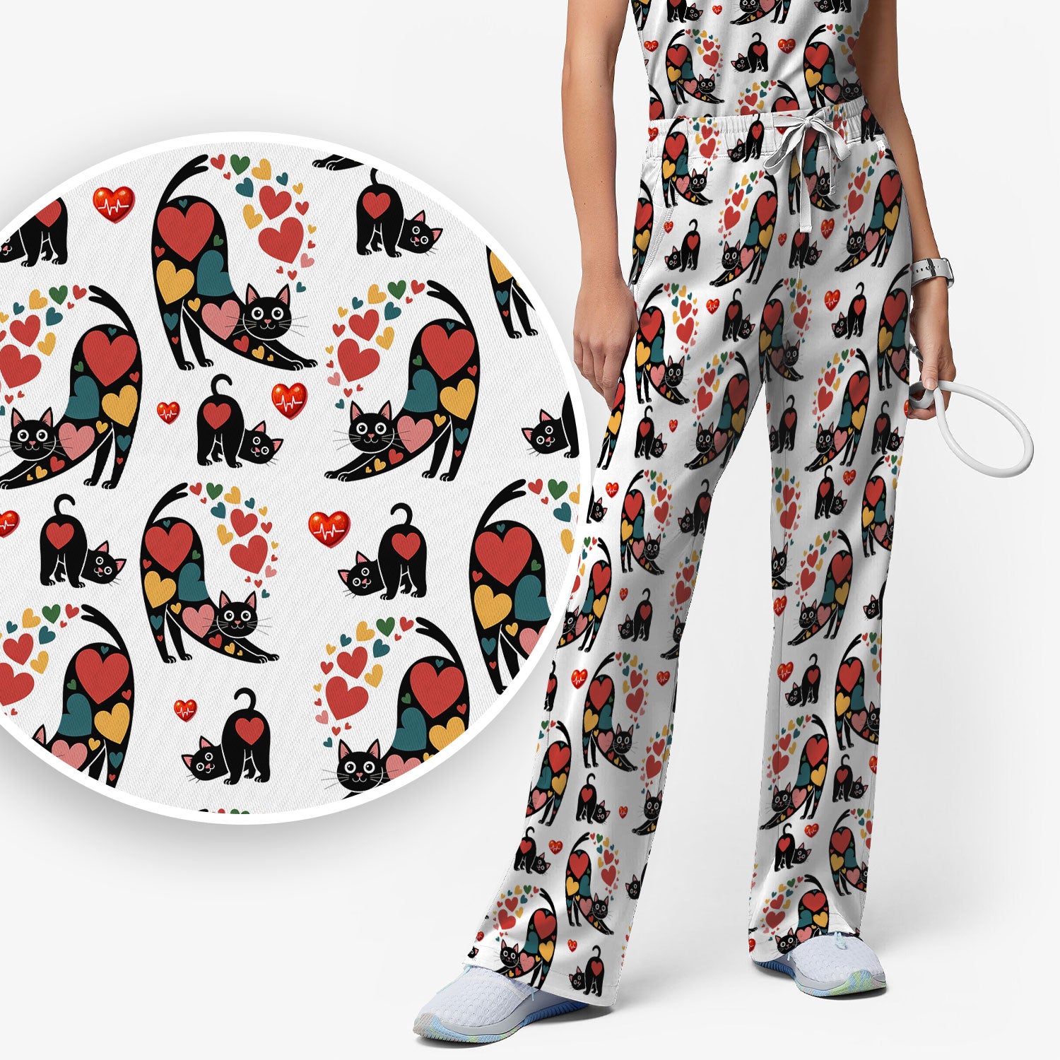 Playful Cat Valentine Heart Print Medical Scrub Set, Breathable Med Uniform