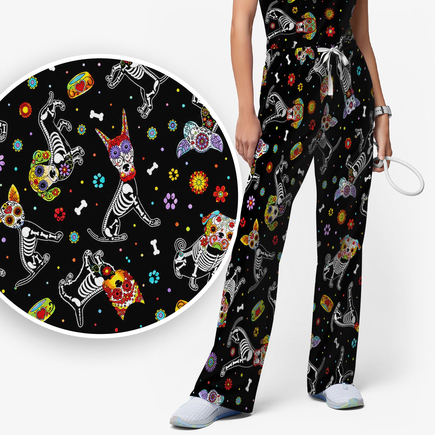 Colorful Day Of The Dead Dogs Scrub Set, Scrub Pants and V Neck Top