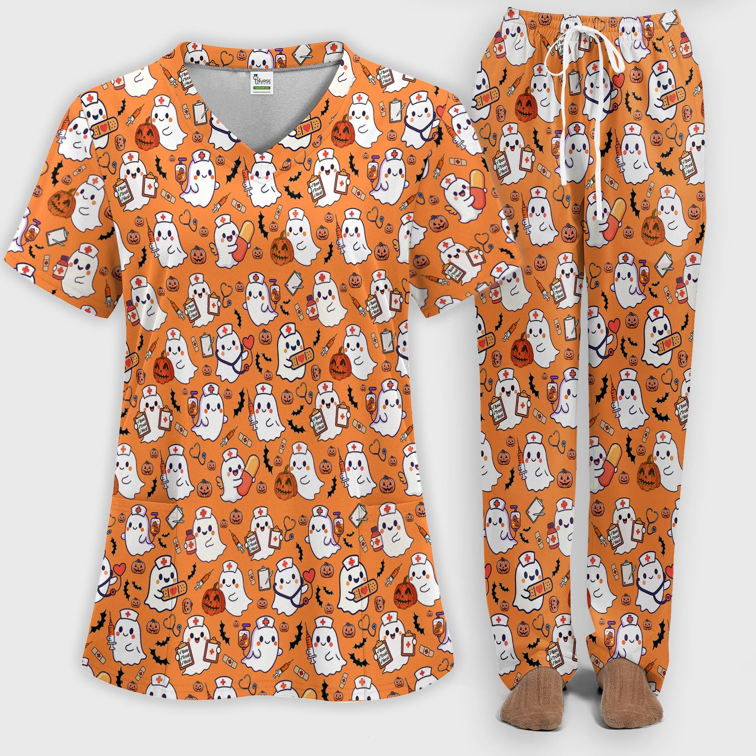Women's Scrub Sets Halloween Gift - Comfortable Scrubs for Nurses - Pumpkin Ghost Scrub Pants and V Neck Top