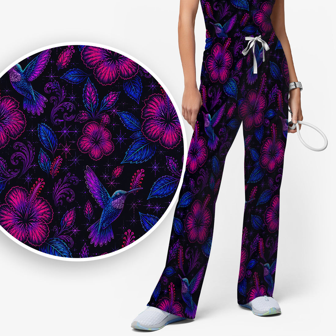 Tropical Hummingbird Hibiscus Floral Pattern Scrub Set, Scrub Pants and V Neck Top