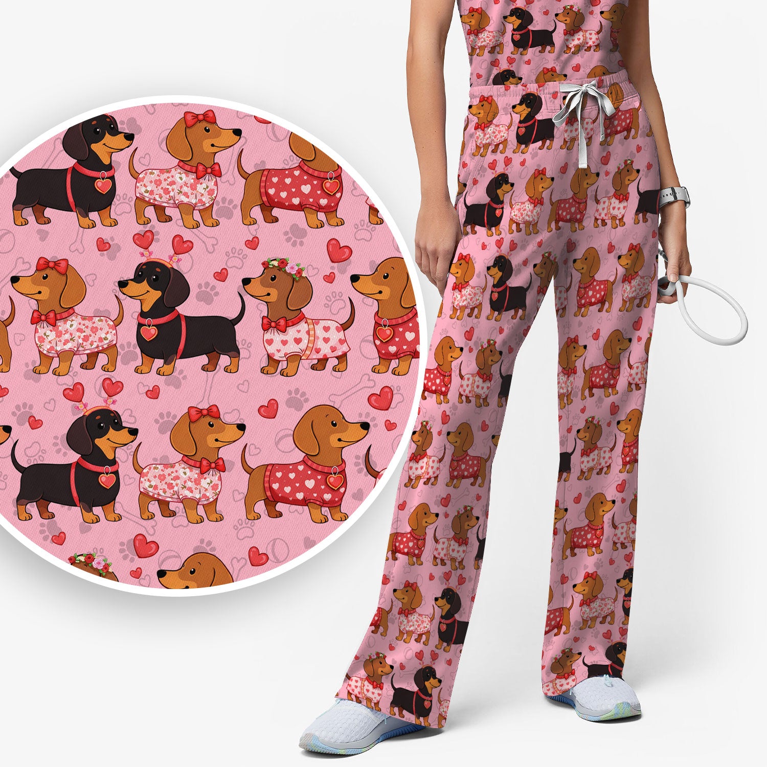 Valentine Dachshund Scrub Top, Wiener Dog Love Pattern Nurse Shirt, Breathable Fabrics Nursing Uniform