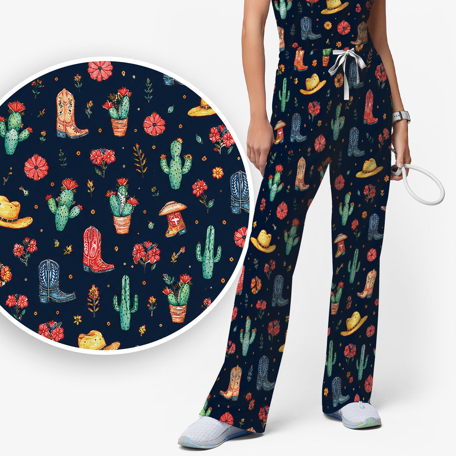 Whimsical Western Cactus Boots Pattern Scrub Set, Scrub Pants and V Neck Top