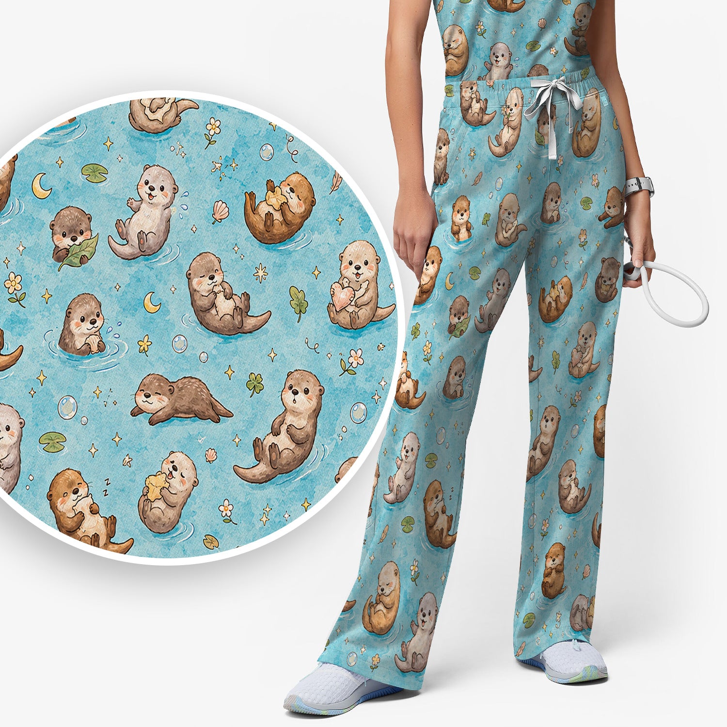 Cute Otter Pond Nurse Print Scrub Set, Scrub Pants and V Neck Top
