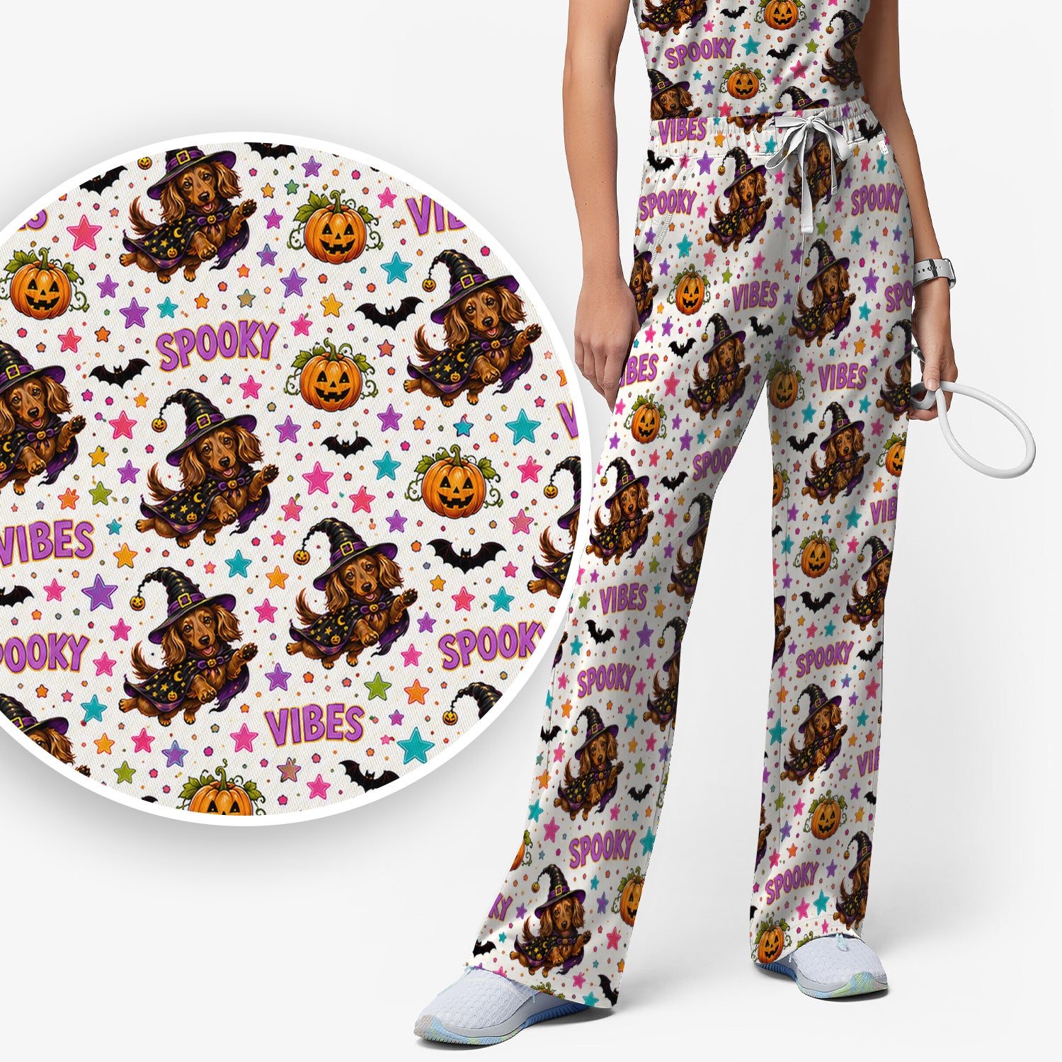 Spooky Dachshund Vibes Print Scrub Set, Scrub Pants and V Neck Top