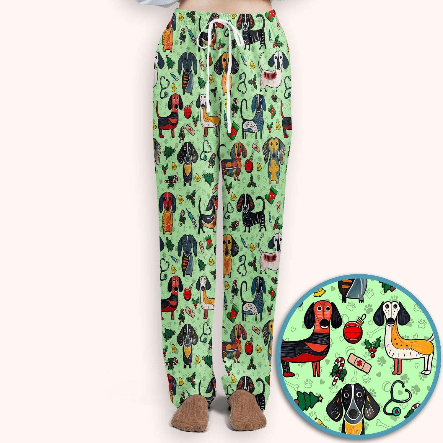 Dachshund Christmas Scrub Set - Cute Wiener Dog Pants and V Neck Top - Holiday Medical Uniform