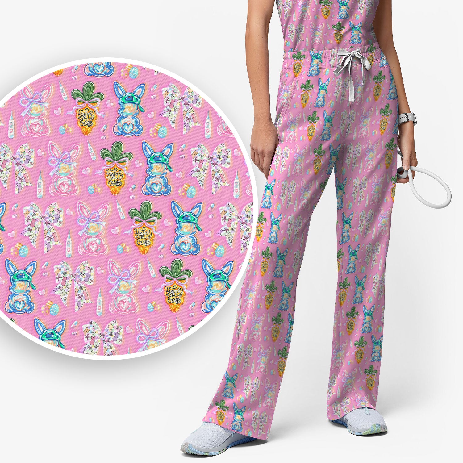 Easter Bunny Carrot Bow Floral Print Scrub Set, Breathable Med Uniform