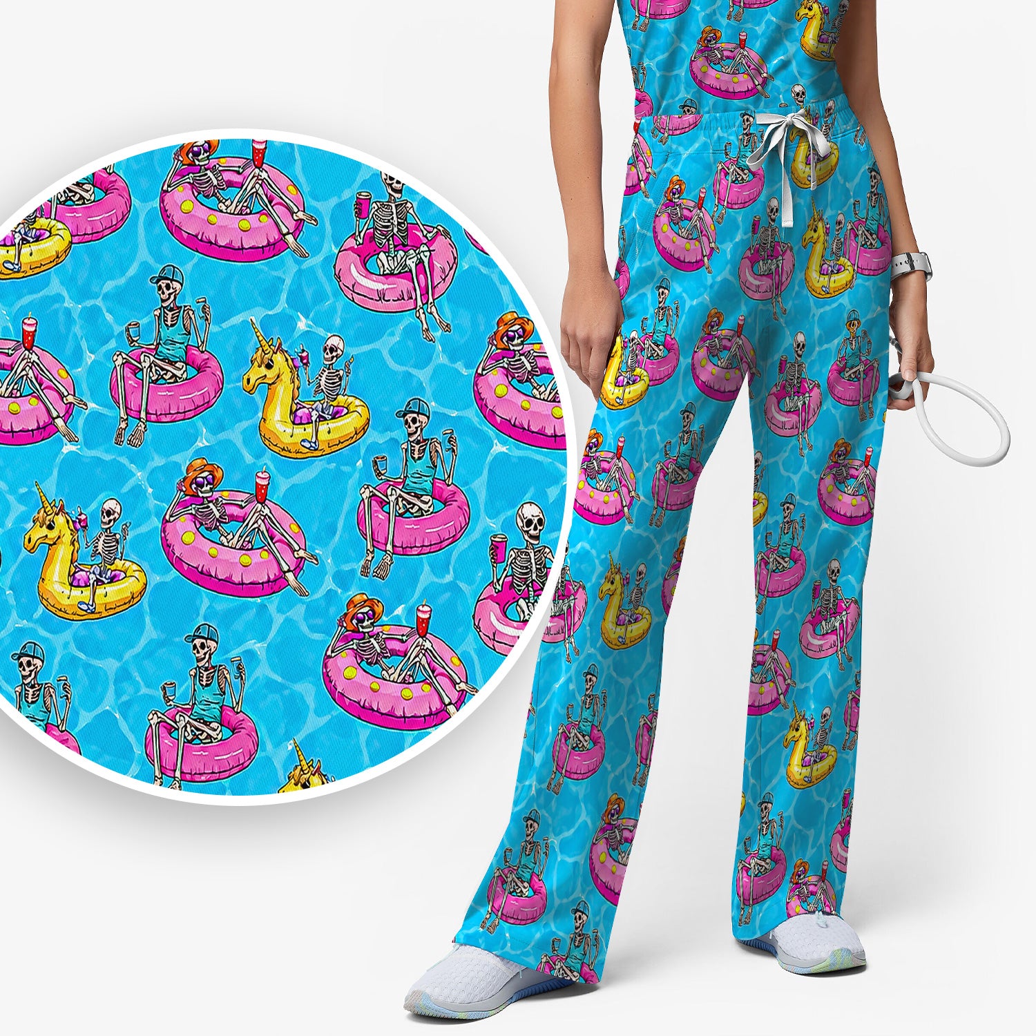 Summerween Skeleton with Pool Float Print Scrub Set, Scrub Pants and V Neck Top