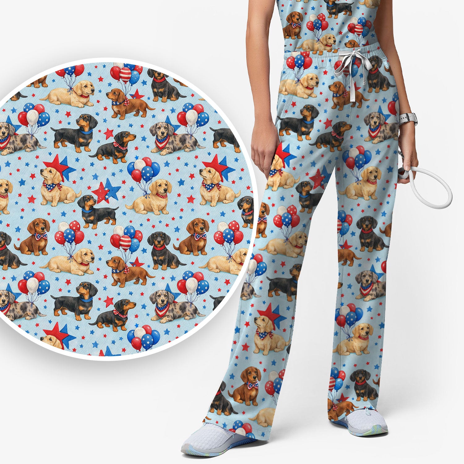 Cute Patriotic Dachshund Balloon Star Pattern Scrub Set, Scrub Pants and V Neck Top