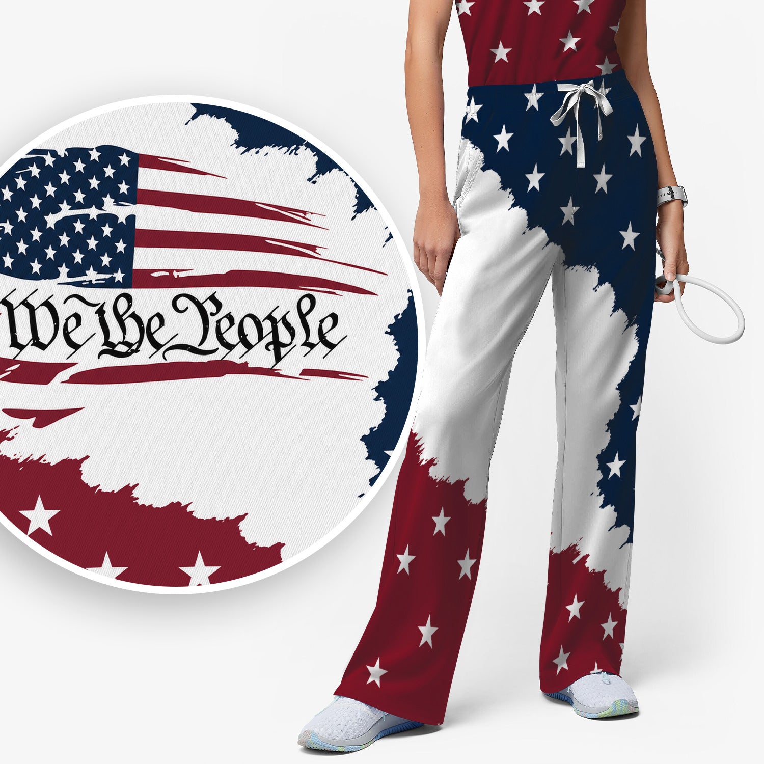 We Be People Flag Pattern Scrub Set, Scrub Pants and V Neck Top