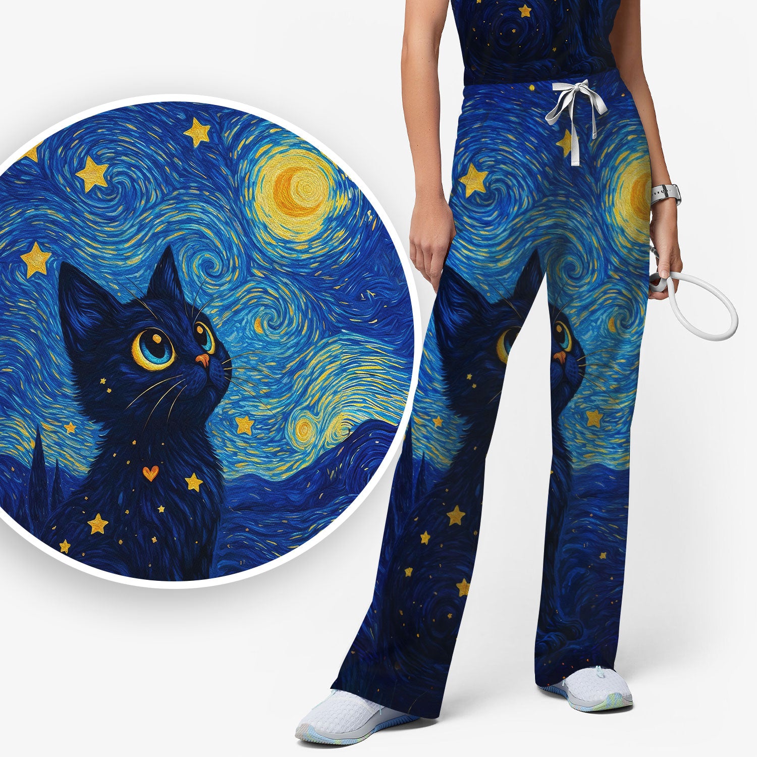 Black Cat Starry Night Pattern Scrub Set, Breathable Med Uniform