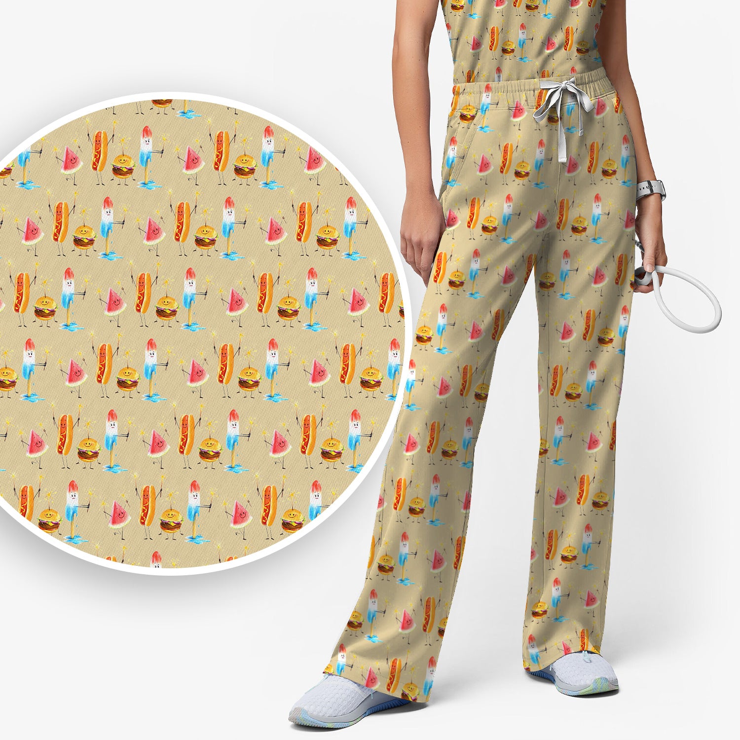 Funny Summer Food Icons Pattern Scrub Set, Breathable Fabrics Nursing Uniform