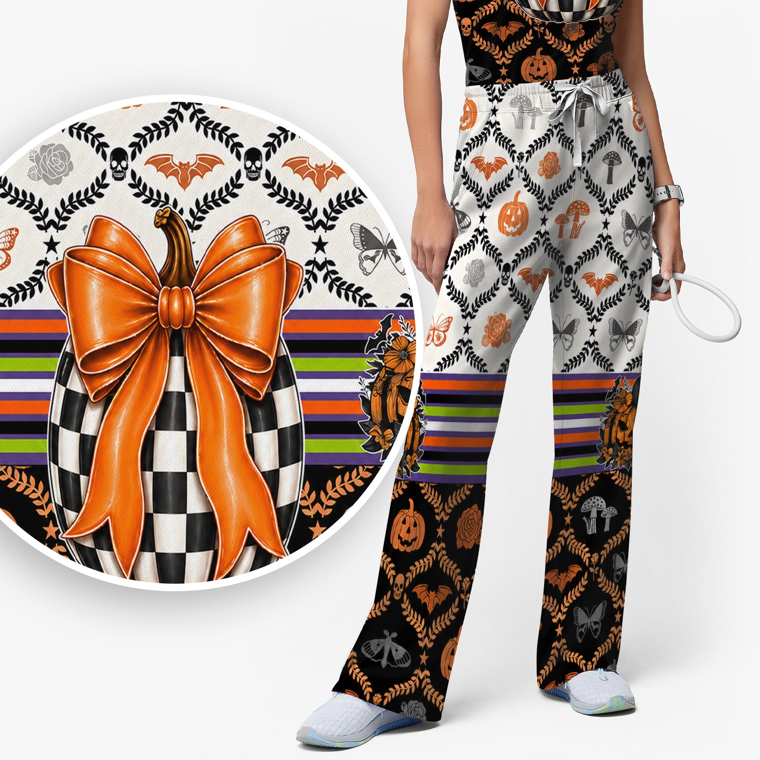 Halloween Checkered Pumpkin With Bow Pattern Scrub Set, Scrub Pants and V Neck Top