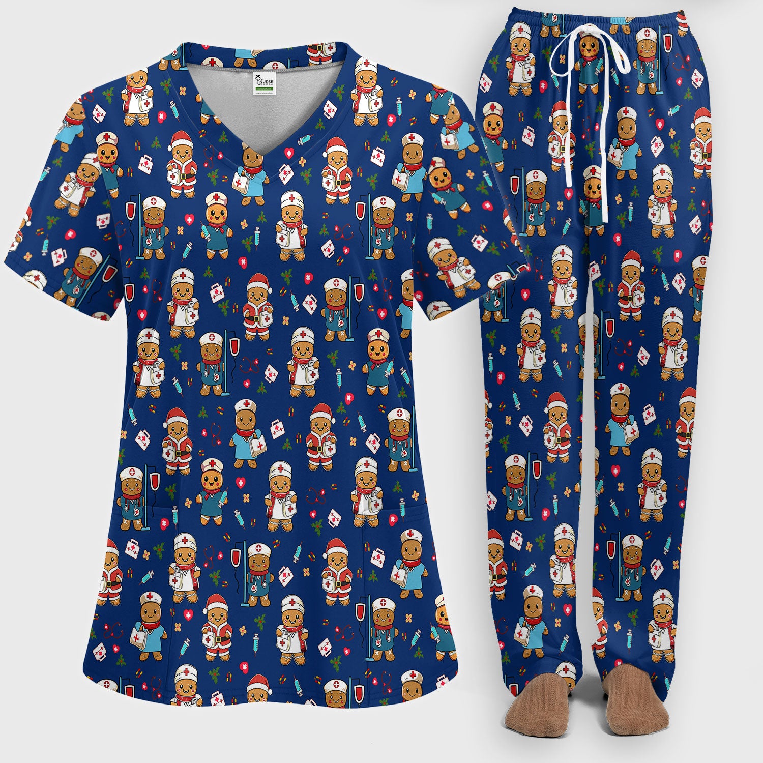 Gingerbread Nurse Scrub Pants - Santa’s Favorite Nurse Holiday Gift - Medical Uniform Set for RN LPN CNA - Funny Xmas Ugly Sweater