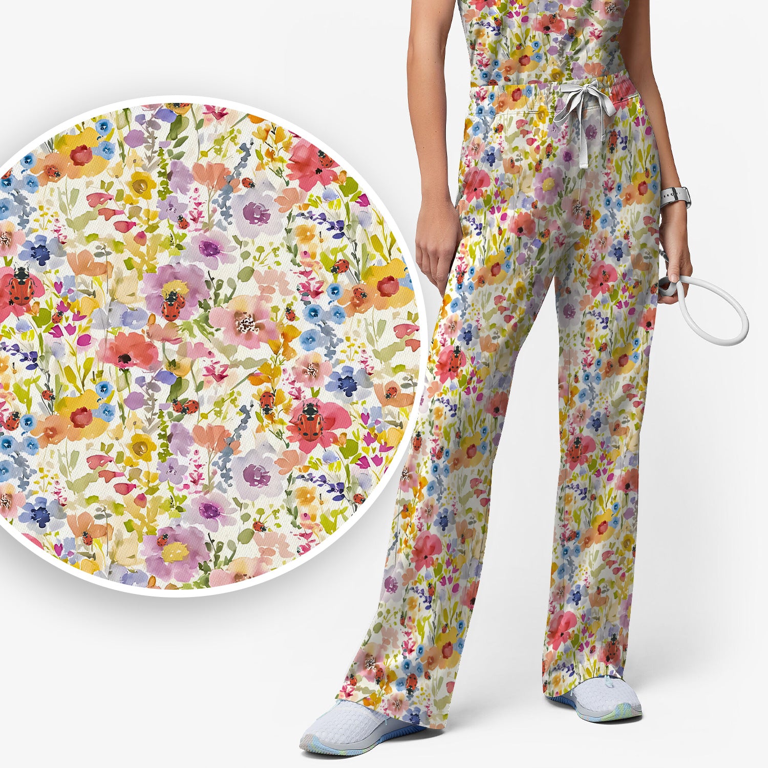 Cute Wildflower Ladybug Garden Pattern Scrub Set, Scrub Pants and V Neck Top