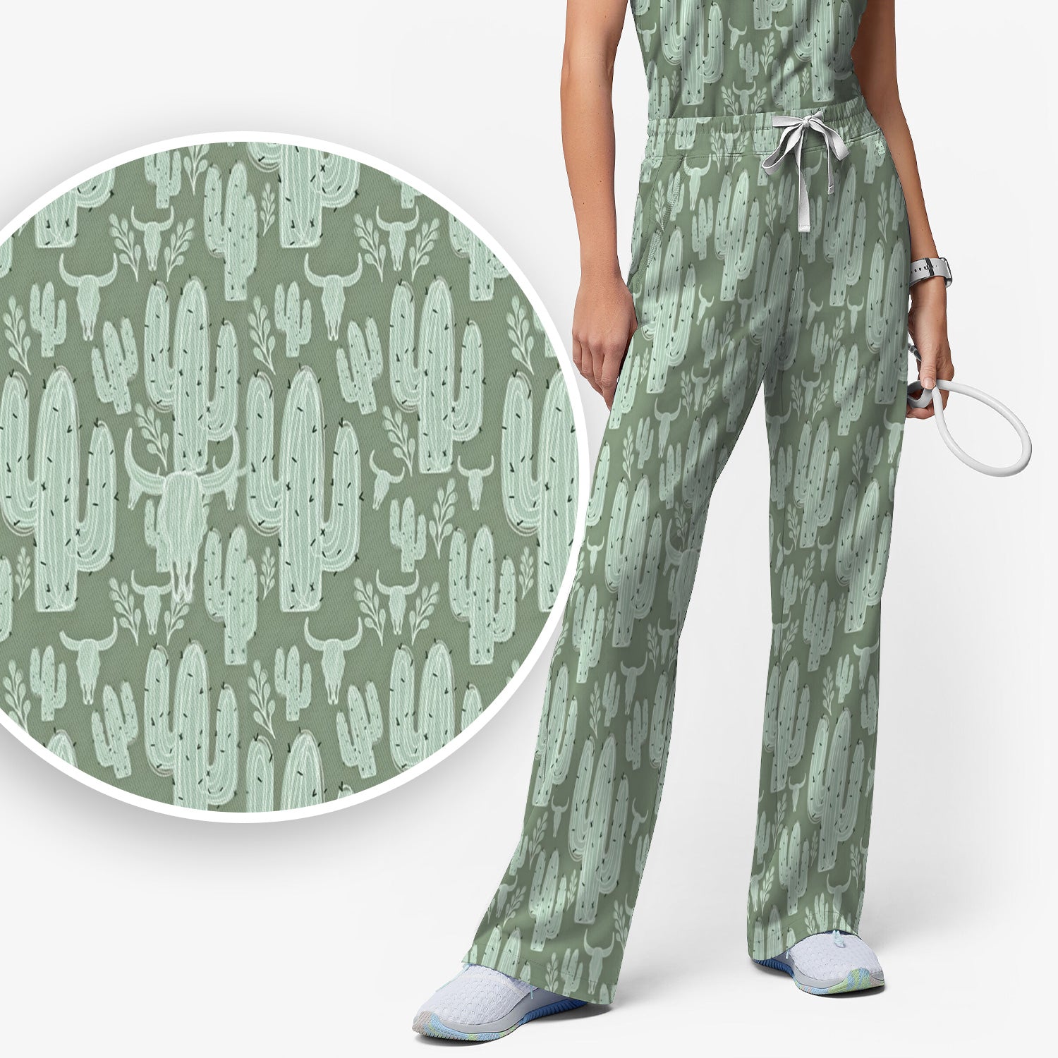 Funny Desert Cactus Skull Pattern Scrub Set, Scrub Pants and V Neck Top