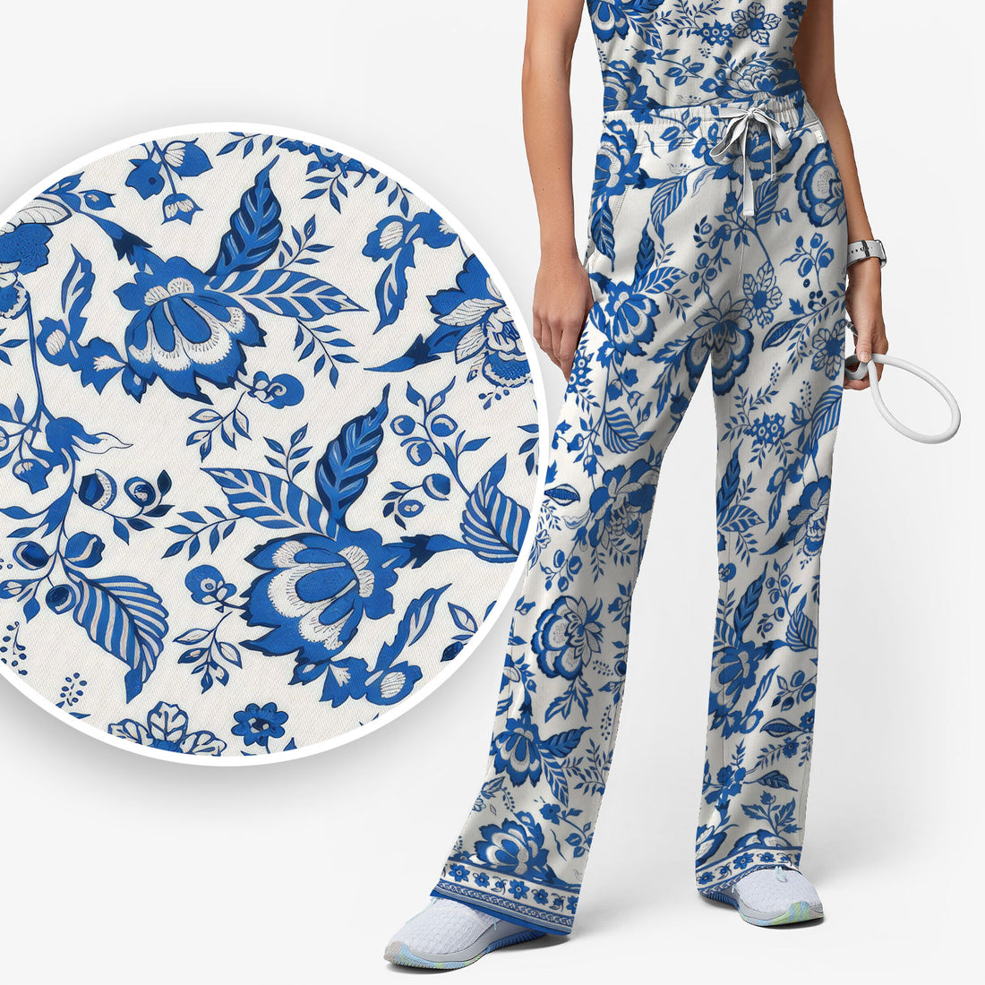 Toile De Jouy Scrub Set For Women, Floral Pattern Nurse Shirt, Comfortable Scrubs For Nursing