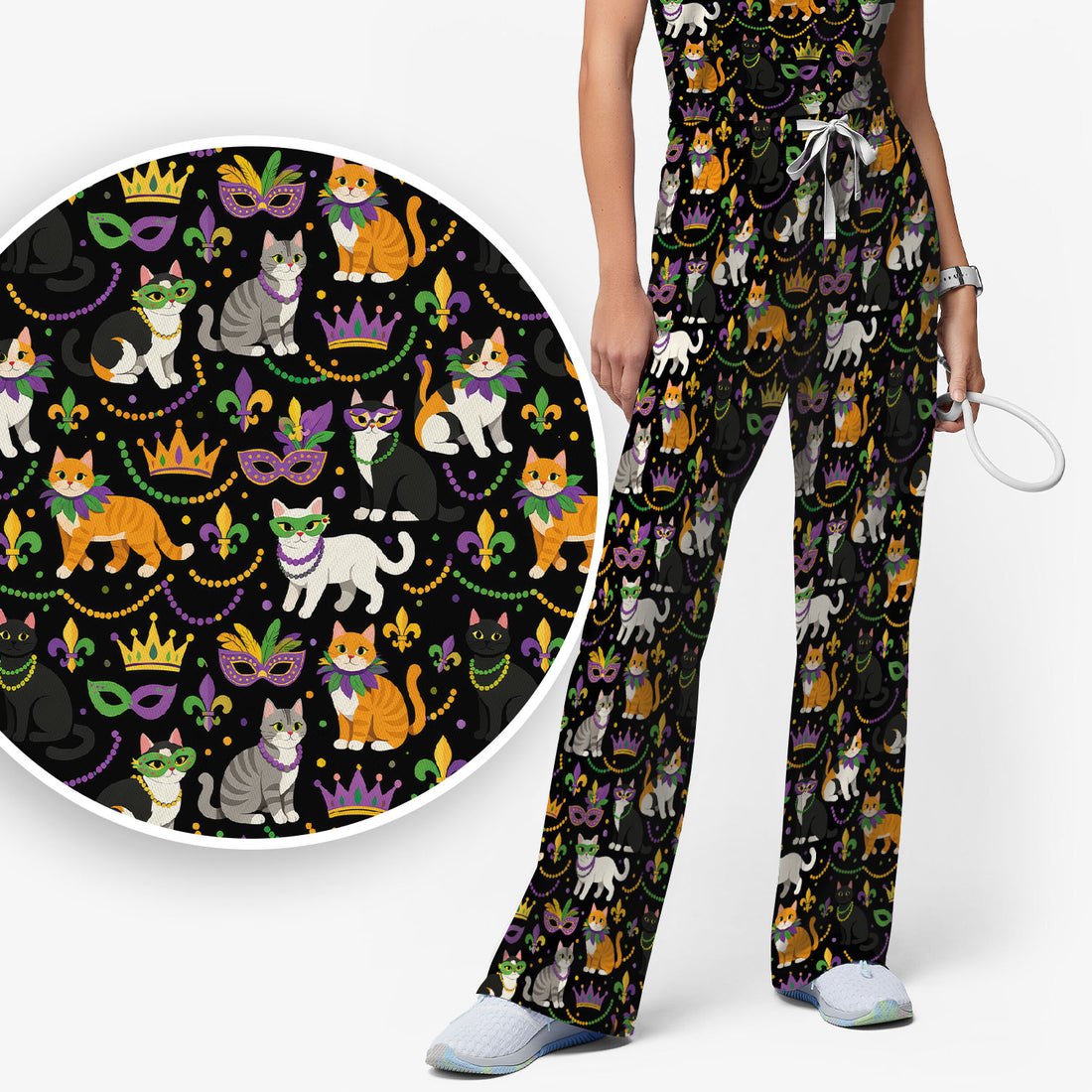 Cat Mardi Gras Nurse Scrub Set, Comfortable Uniform Scrubs For Nursing