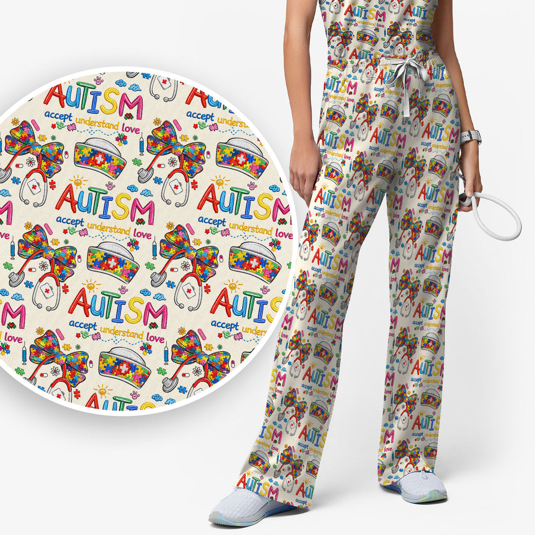Autism Awareness Pattern Nurse Scrub Set, Accept Understand Love Puzzle Nurses Shirt, Breathable Fabrics Nursing Uniform
