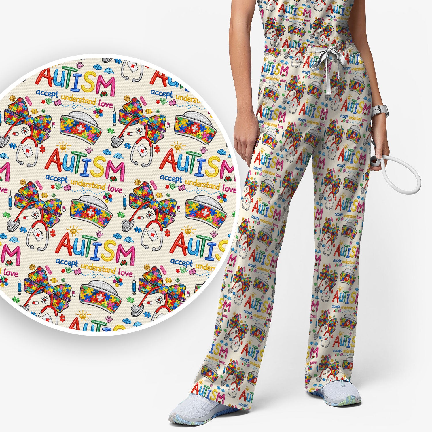 Autism Awareness Pattern Nurse Scrub Set, Accept Understand Love Puzzle Nurses Shirt, Breathable Fabrics Nursing Uniform