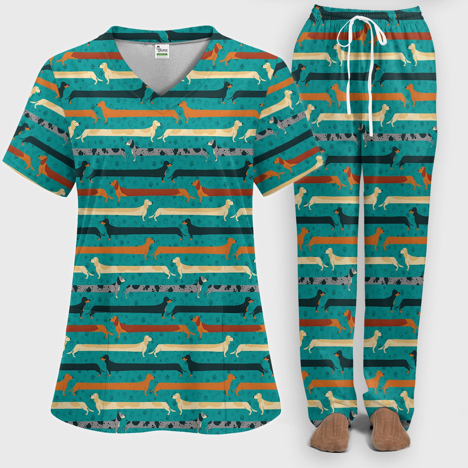 Weiner Dog Women's Scrub Sets - Comfortable Scrubs for Nurses - Funny Scrub Pants and V Neck Top - Breathable Med Uniform