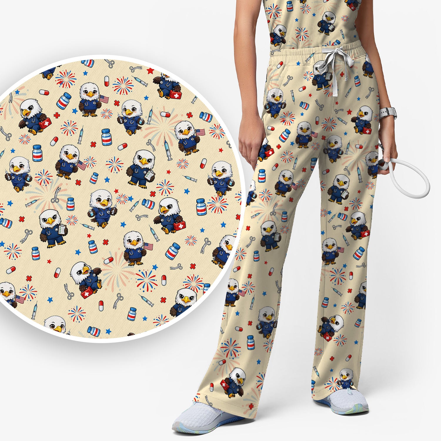 Patriotic Nurse Eagle Fireworks Medical Pattern Scrub Set, Women's Scrub Sets