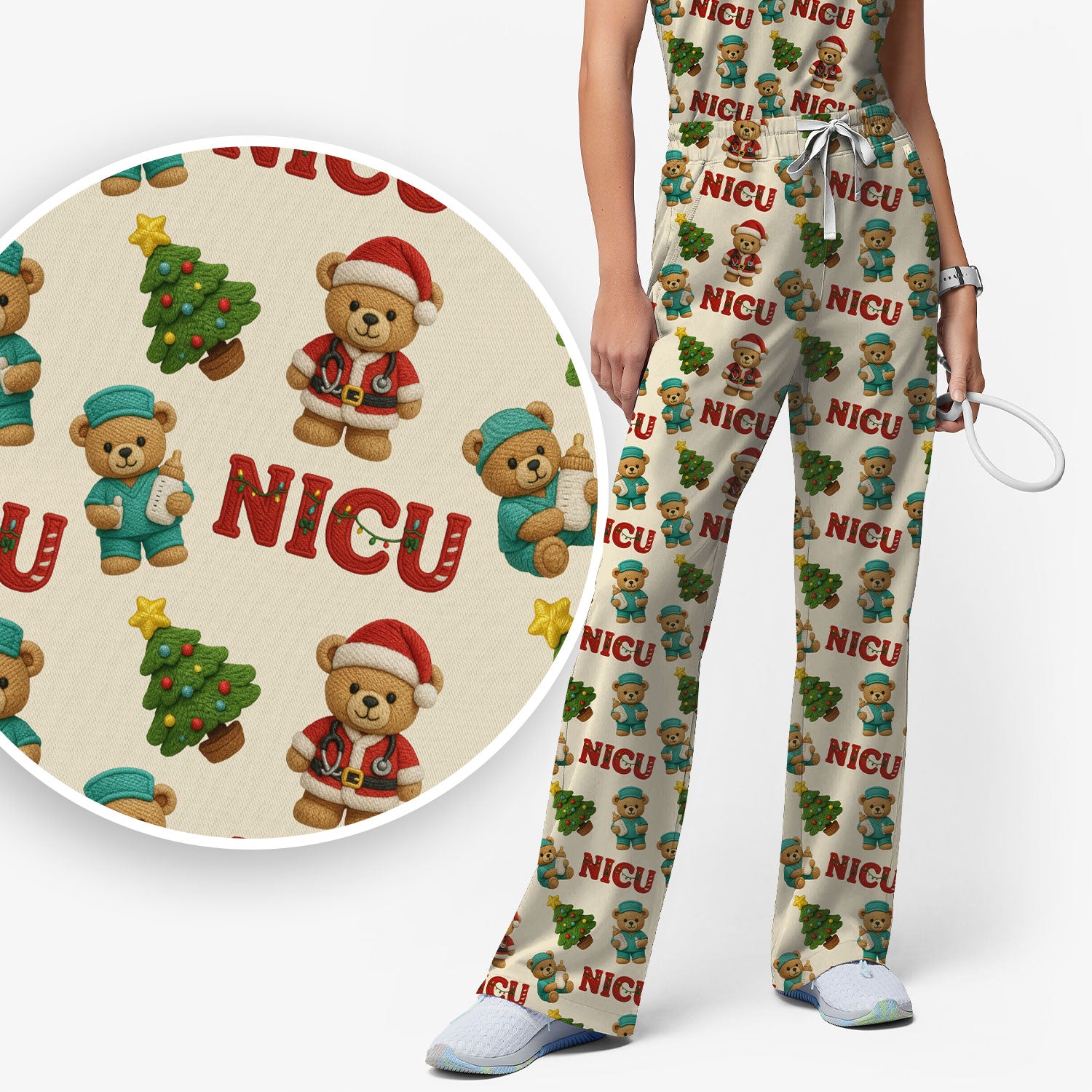 Festive Christmas NICU Nurse Teddy Bear Pattern Scrub Set, Breathable Med Uniform