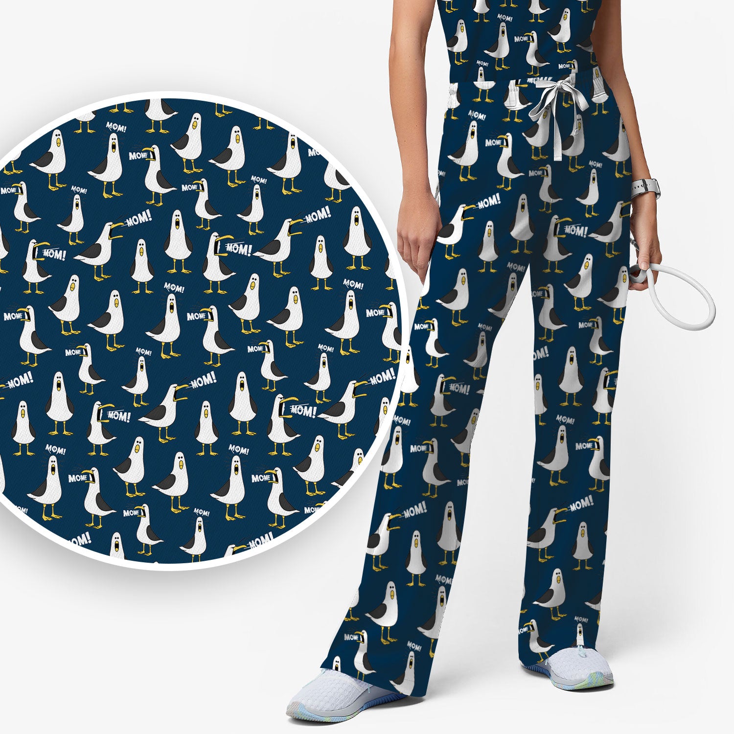Funny Seagull Mom Seamless Pattern Scrub Set, Scrub Pants and V Neck Top