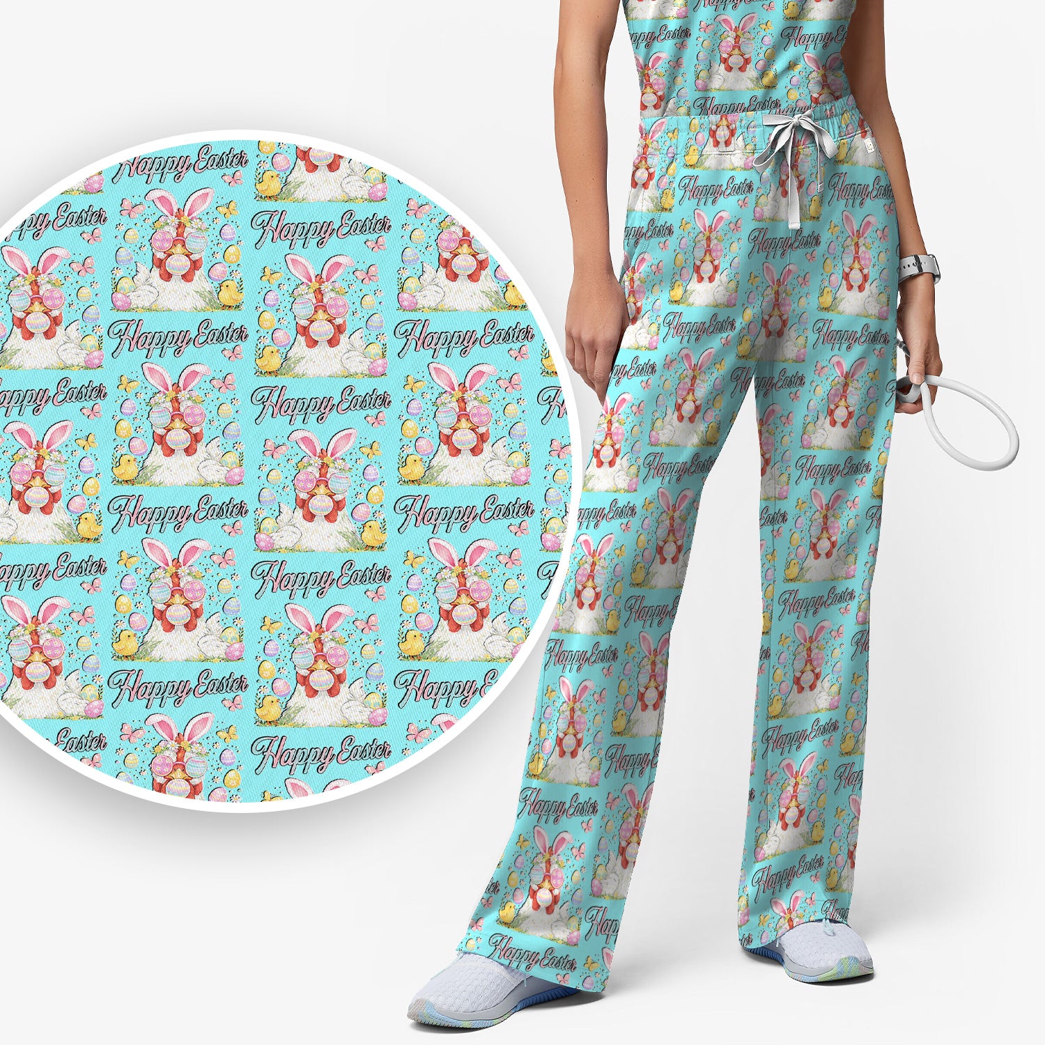 Happy Easter Bunny Eggs Pattern Scrub Set, Scrub Pants and V Neck Top