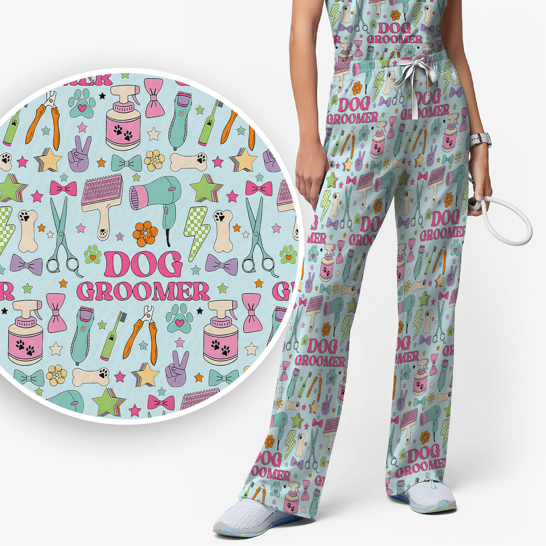 Dog Groomer Tools Pattern Women's Scrub Set, Scrub Pants and V Neck Top