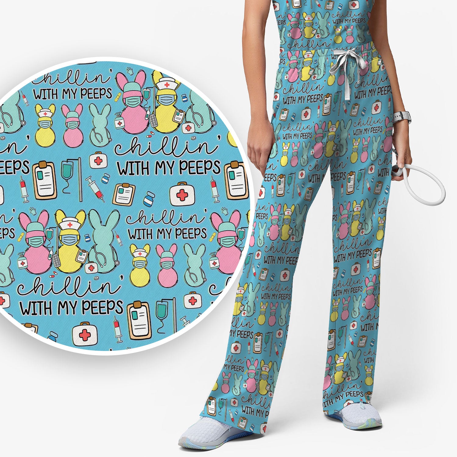 Cute Bunny Nurse Chillin With My Peeps Scrub, Women's Scrub Sets