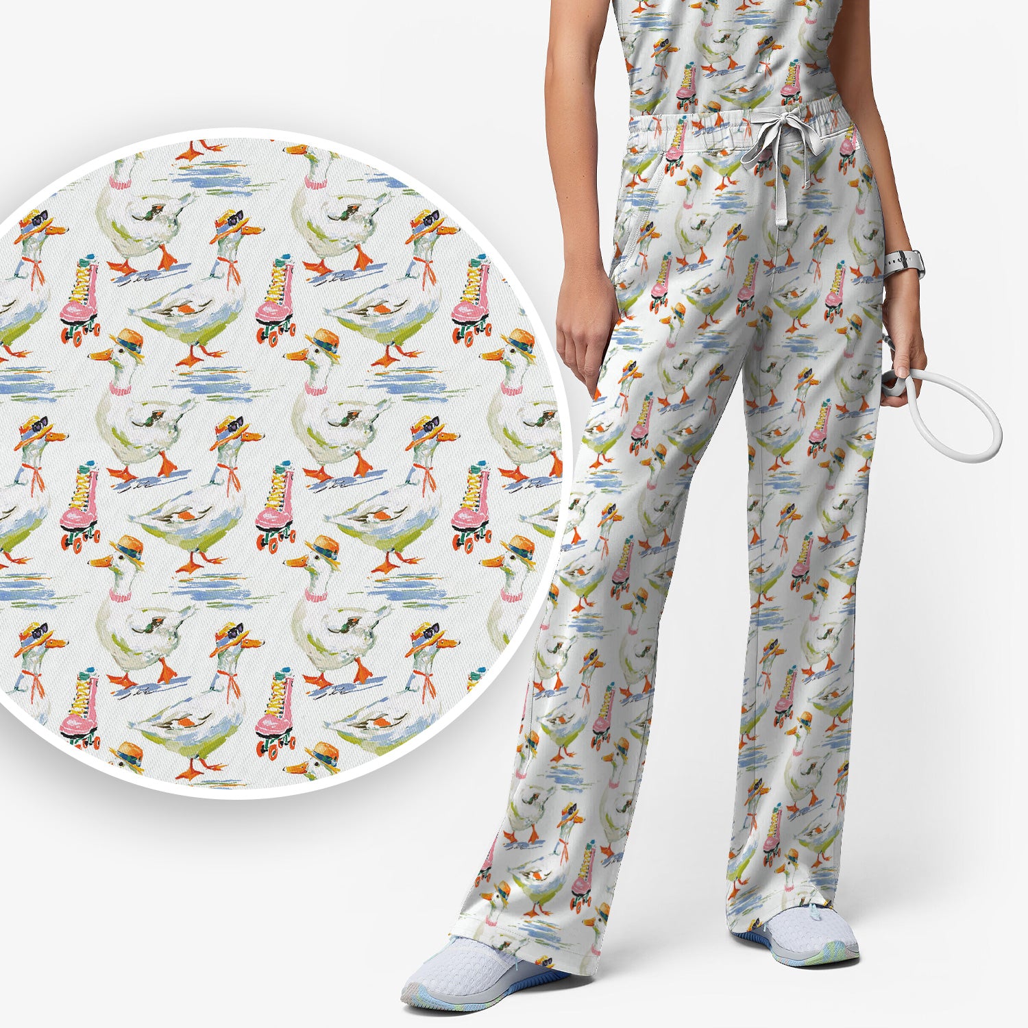 Roller Skating Goose Nurse Pattern Scrub Set, Scrub Pants and V Neck Top