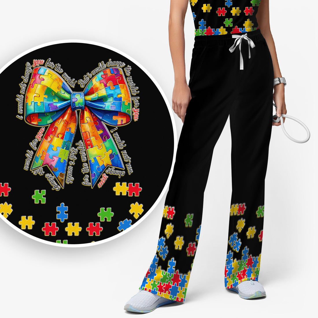 Autism Puzzle Bow Colorful Pieces Print Scrub Set, Breathable Med Uniform