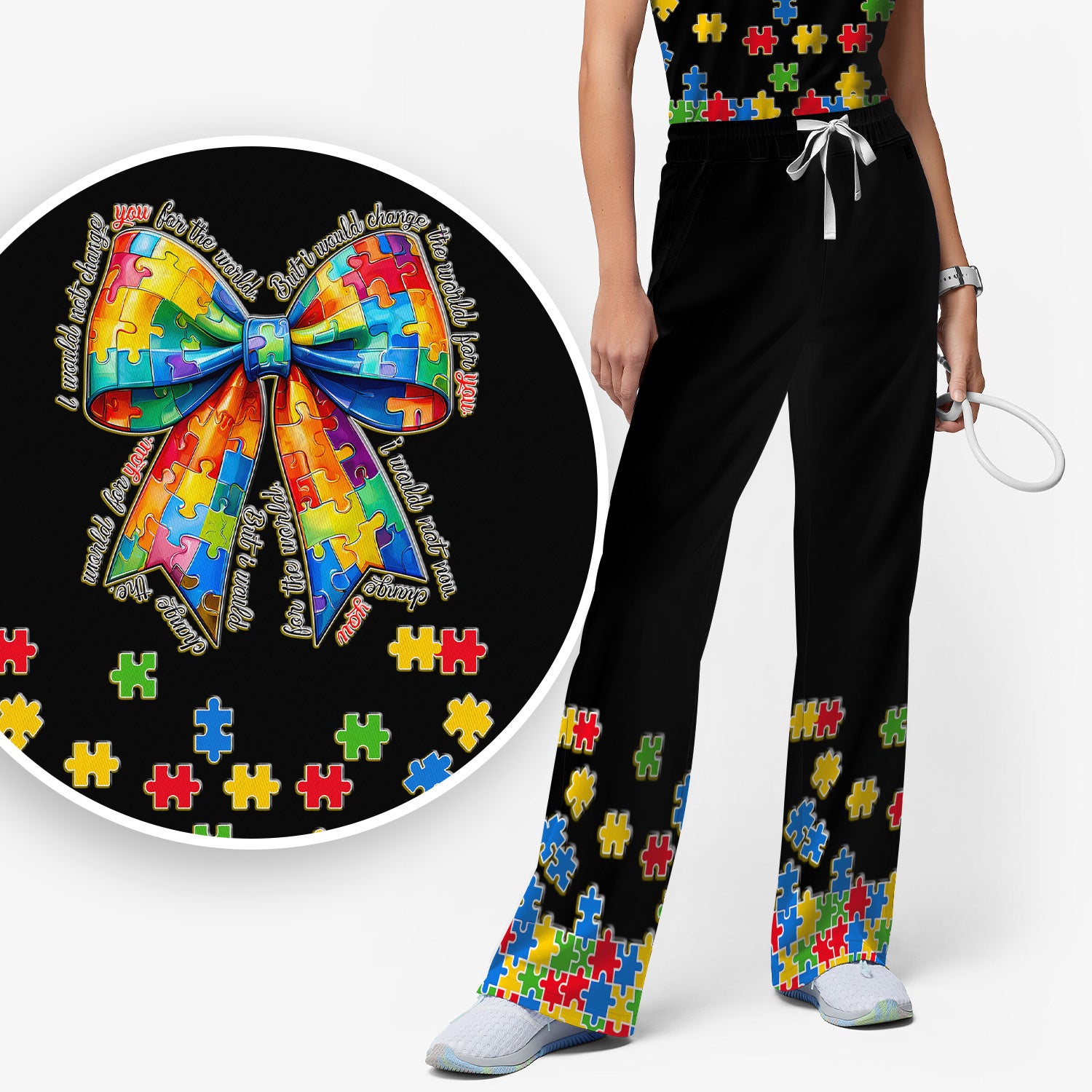 Autism Puzzle Bow Colorful Pieces Print Scrub Set, Breathable Med Uniform
