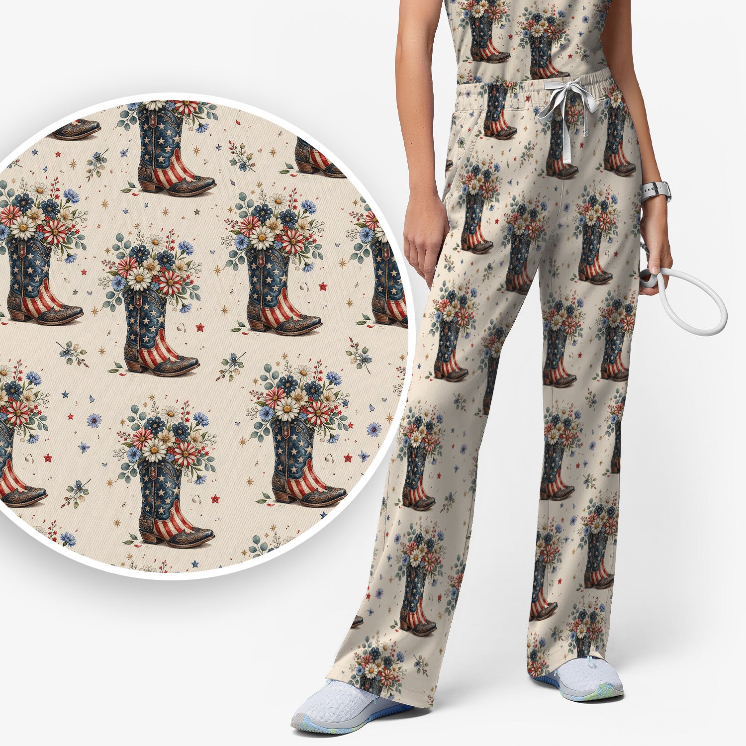 Festive Patriotic Cowboy Boots Flower Pattern Scrub Set, Scrub Pants and V Neck Top