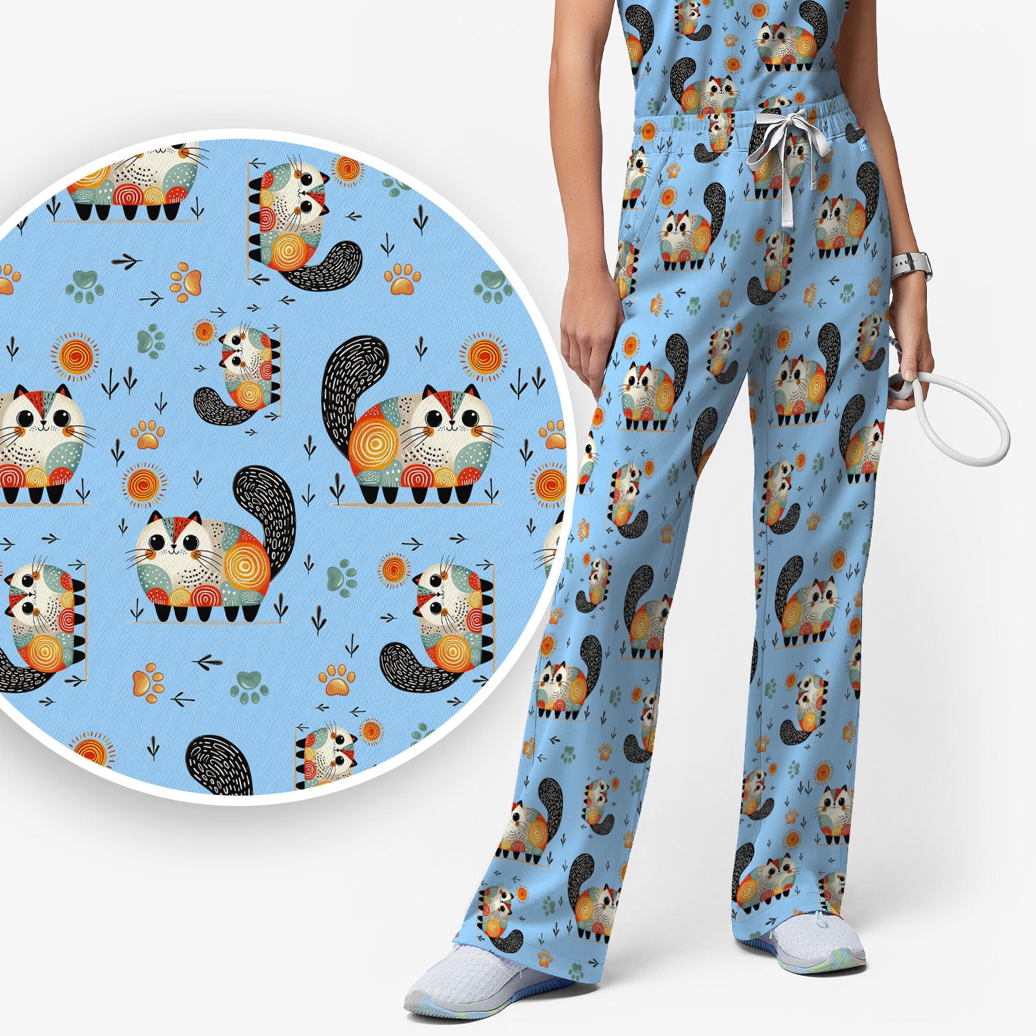 Playful Cat Illustration Women's Scrub Set, Breathable Med Uniform