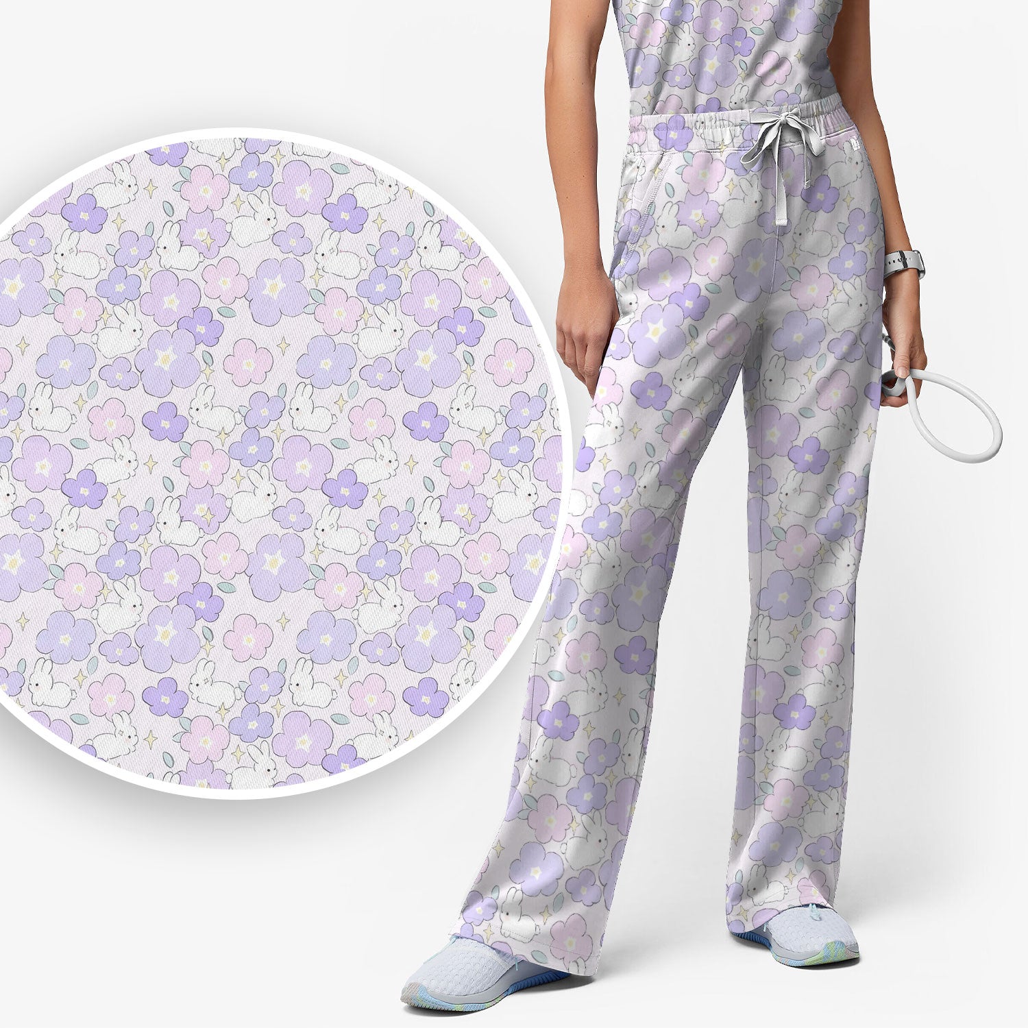 Cute Bunny Floral Pastel Pattern Scrub Set, Women's Scrub Sets